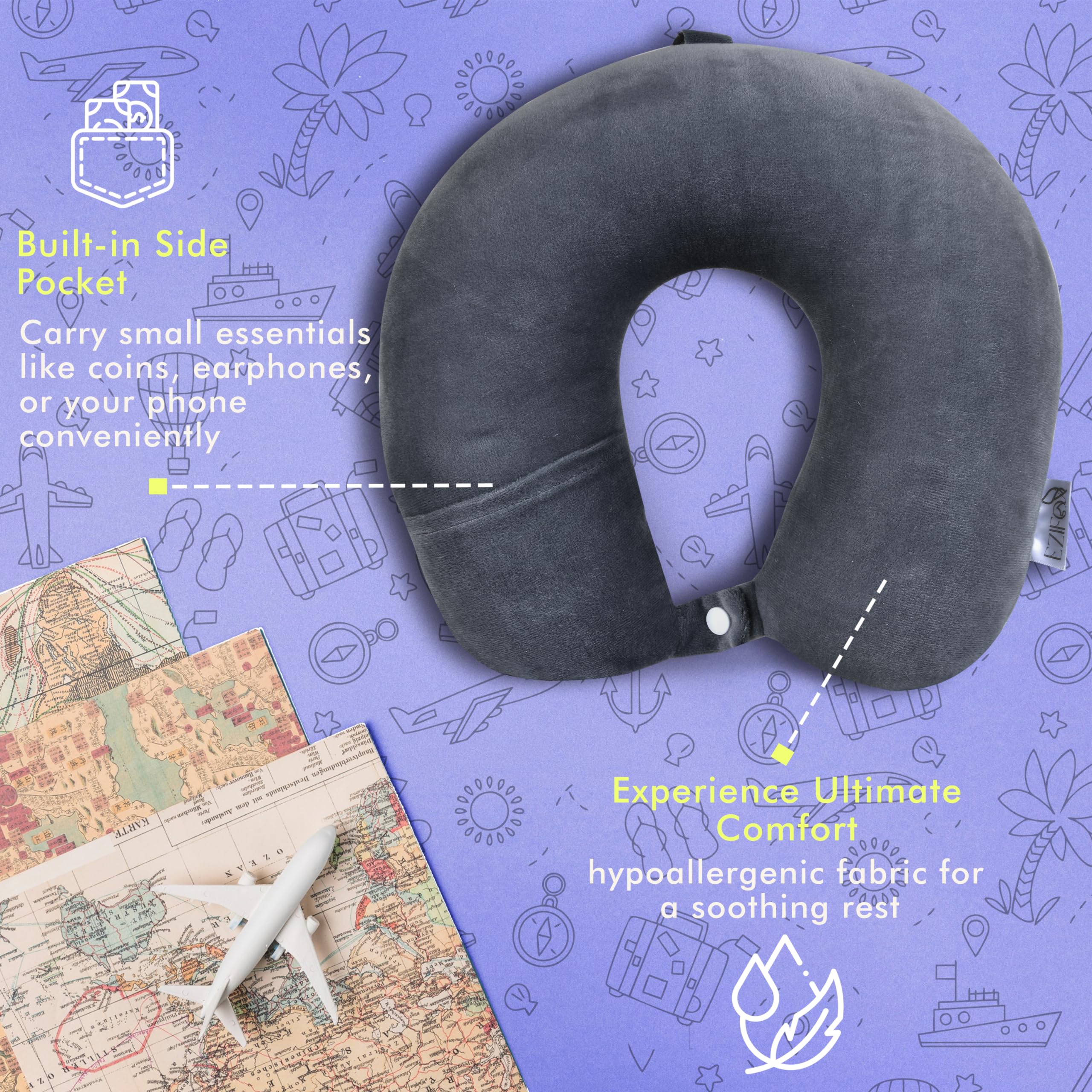 Ezifox Travel Neck Pillow with Sleep Eye Mask Set - Memory Foam Support for Airplane, Car & Train - Grey Comfort Pillow for Men & Women - Perfect for Long Flights, Road Trips & Commuting - 3 Year Warranty