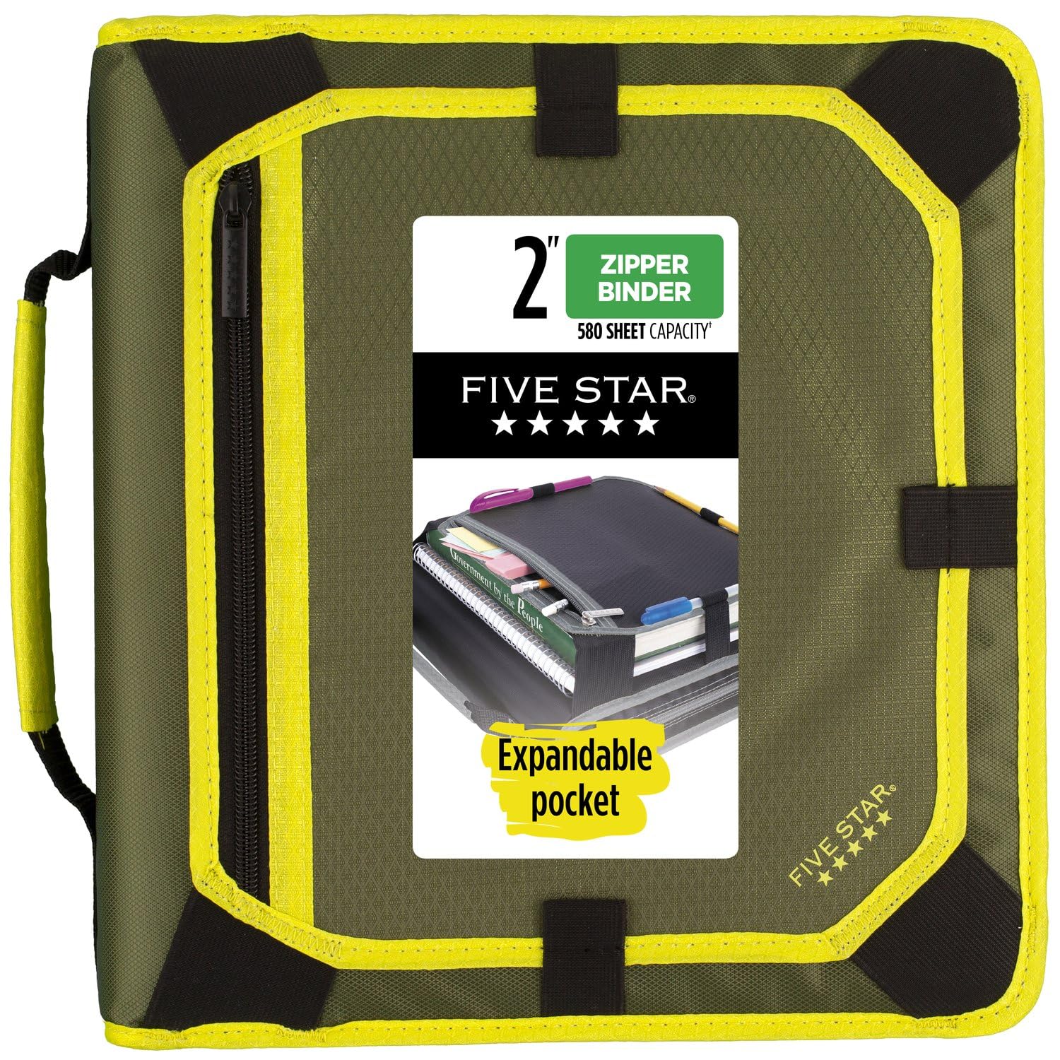 Premium 2 Inch 3-Ring Binder with Expansion Panel - 580 Sheet Capacity, Five Star Zipper Binder for School & Office - Durable Olive/Citrus Design (290520C) - Perfect for Organizing Notes, Documents & Presentations