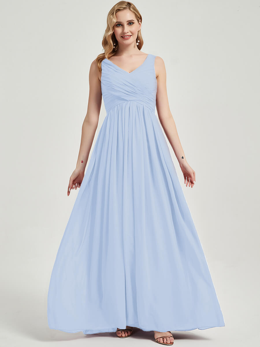 Cornflower Blue V-Neck Sleeveless Empire Waist Maxi Chiffon Bridesmaid Dress - Elegant Formal Gown for Weddings, Prom & Special Occasions