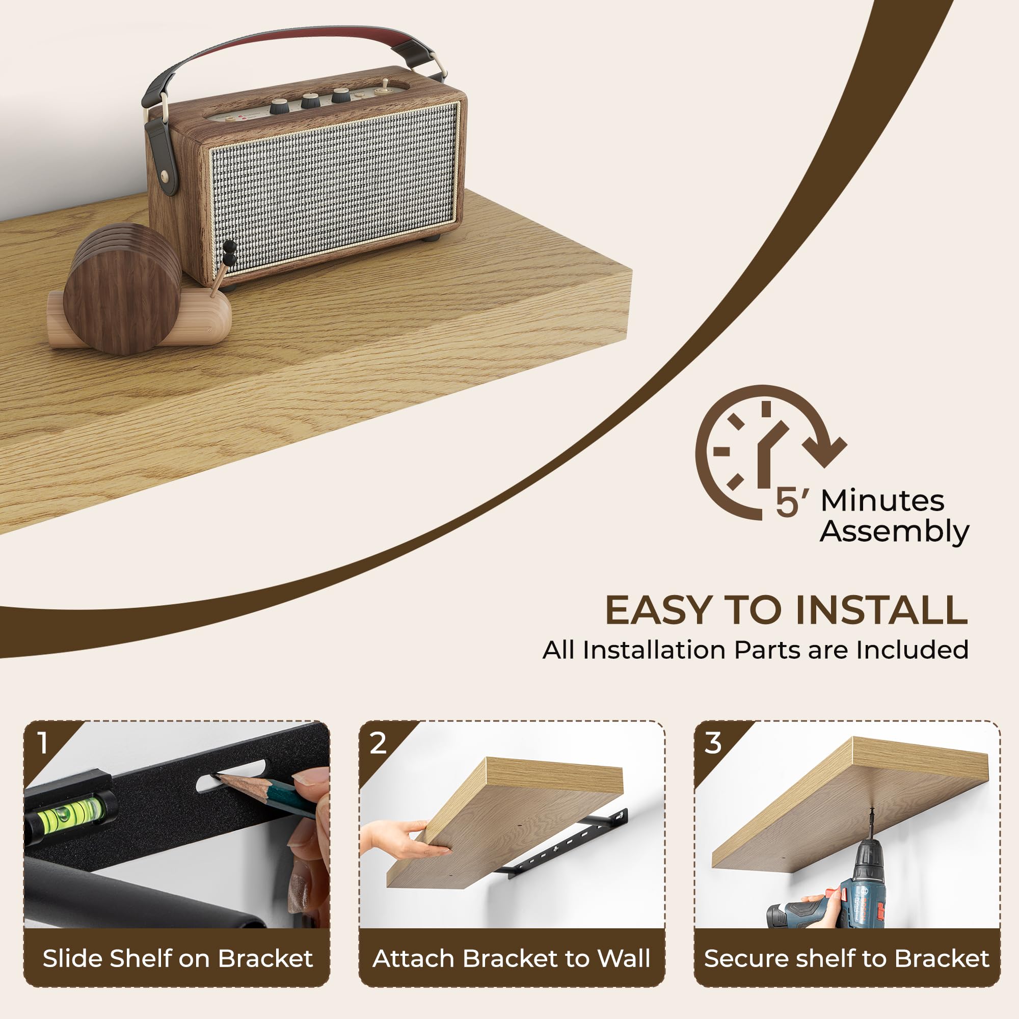 36 Inch Floating Shelves for Wall - 2 Pack Rustic Wood Wall Mounted Shelves with Invisible Brackets for Bedroom, Kitchen, Bathroom - Perfect for Books, Storage & Home Decor (Oak) - Ideal for Small Space Organization & Stylish Display