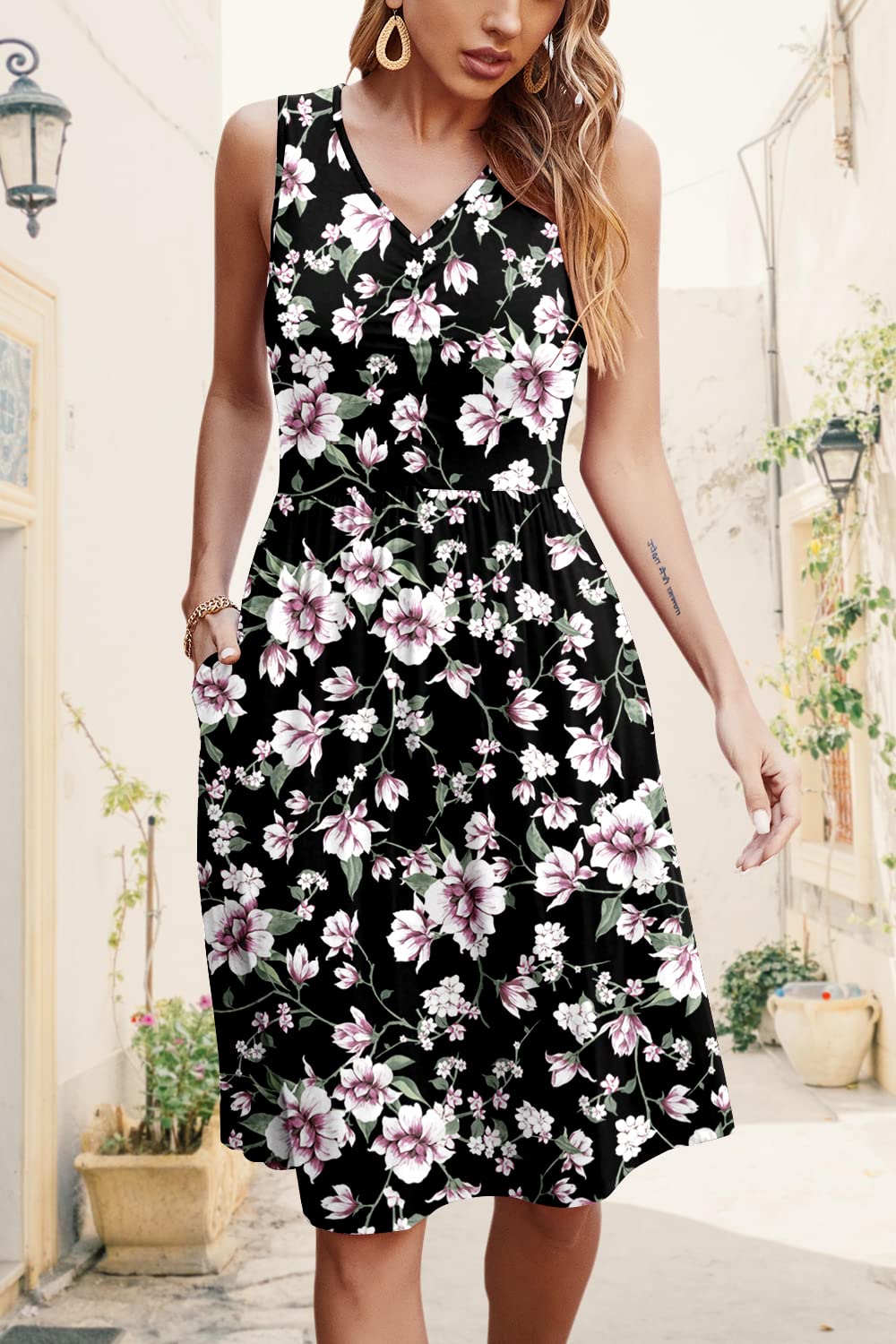 Niloufo Women's Summer Casual Sleeveless V-Neck Midi Dress with Pockets - Flowy Beach Dress for Vacation, Brunch & Outdoor Activities