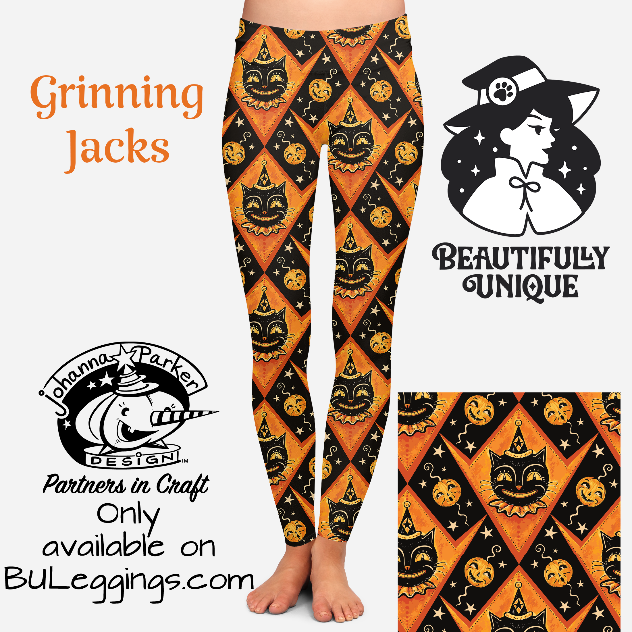 Grinning Jack Orange Vintage Cat Leggings - Johanna Parker Exclusive High-Quality Halloween & Cosplay Tights for Women
