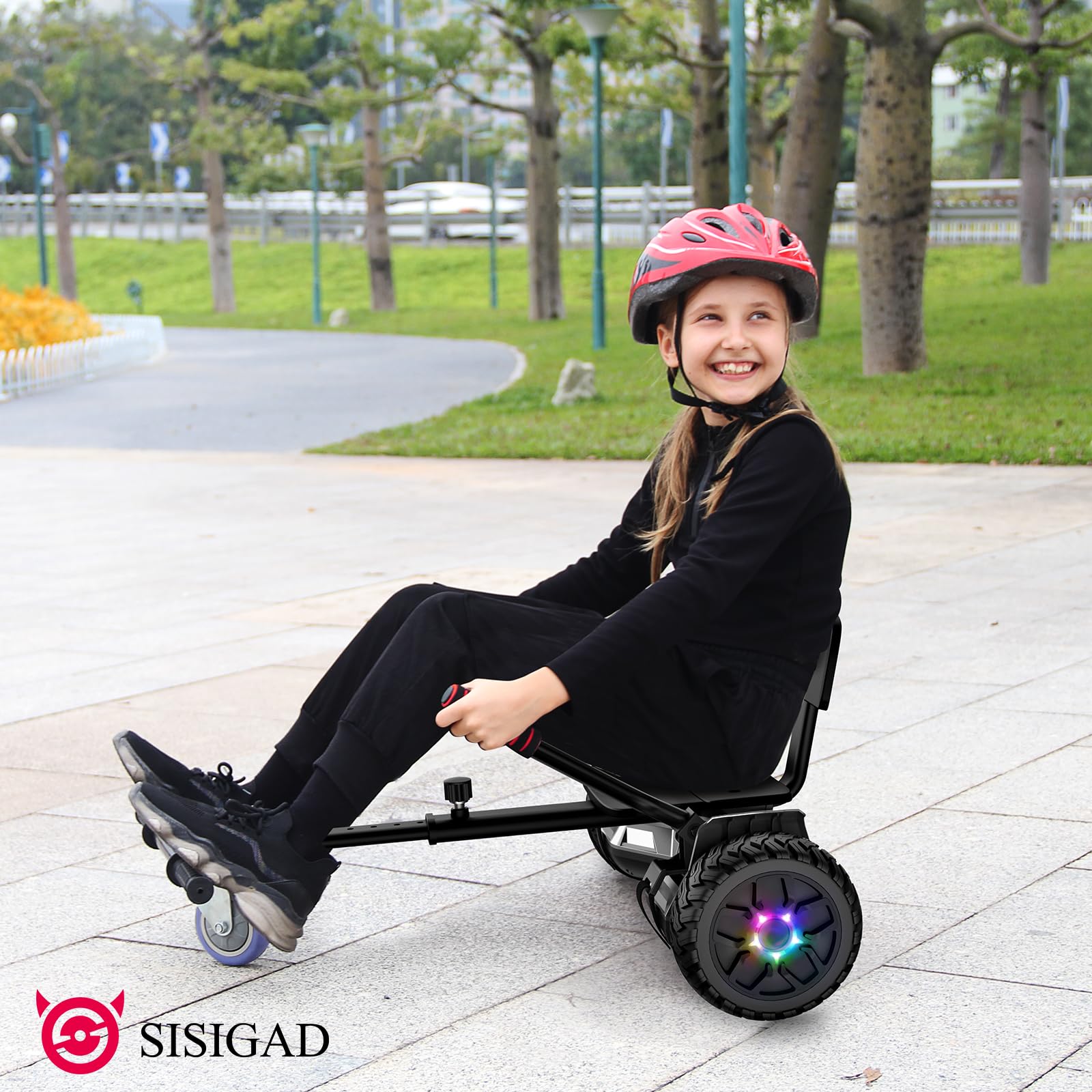 SISIGAD Hoverboard with Seat Attachment - 8.5'' Self Balancing Scooter Go Kart, Bluetooth & LED Lights (Silver+Black) - Perfect for Kids & Adults, Indoor & Outdoor Riding Fun