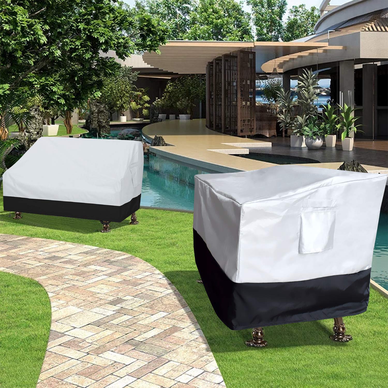 Waterproof Patio Hanging Egg Chair Cover - Silver & Black Swing Chair Cover with Zipper for Outdoor Egg-Shaped Hanging Chairs - Durable Two-Seater Sofa Protection (54