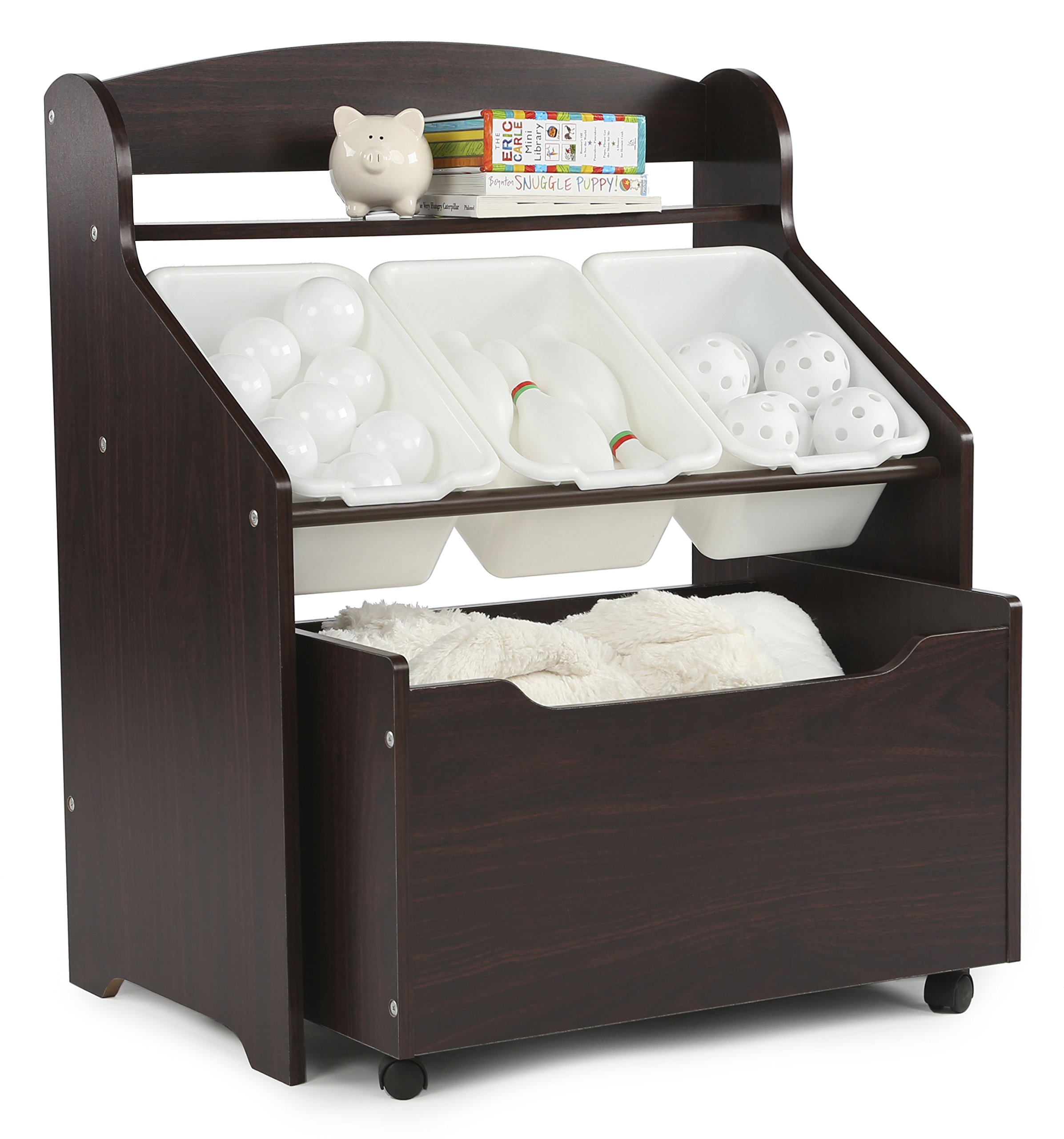 Humble Crew Toddler-Size Storage Unit with Rolling Toy Box - Espresso & White - Kids Room Organization & Toy Storage Solution for Playrooms & Daycares