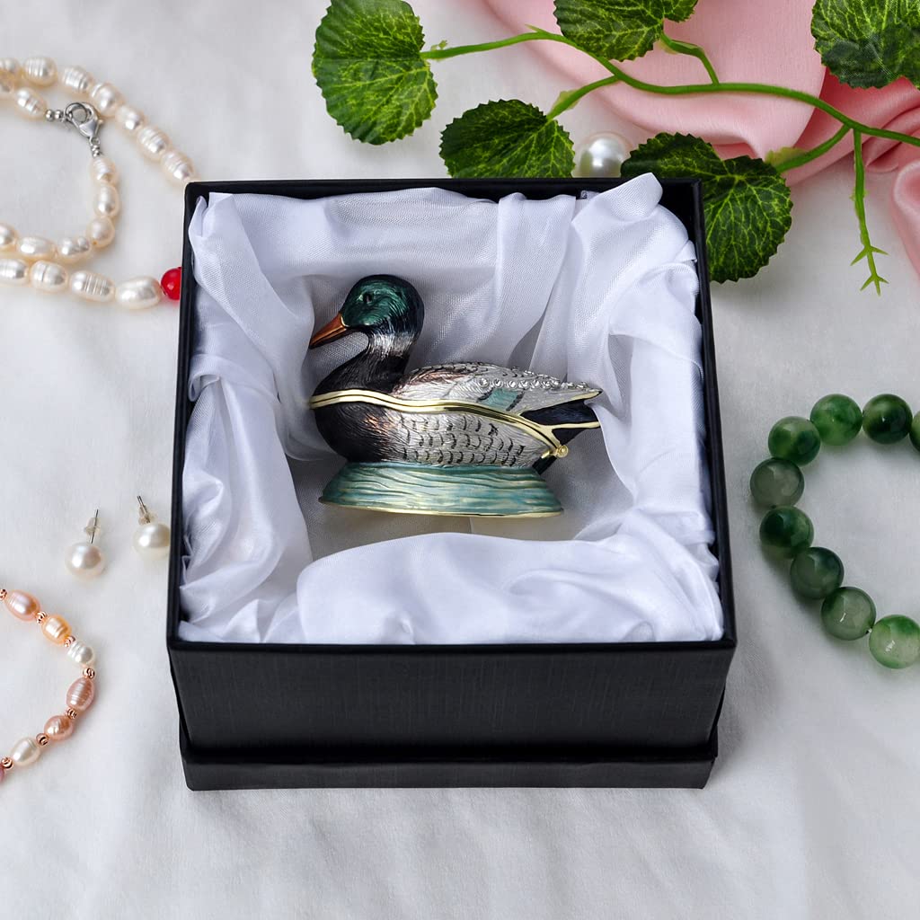 Golden Crystal Enameled Mallard Duck Jewelry Box - Hand-Painted Hinged Bird Trinket Box for Home Décor, Unique Gift for Bird Lovers | Perfect for Jewelry Storage, Display Shelf & Wedding Gift
