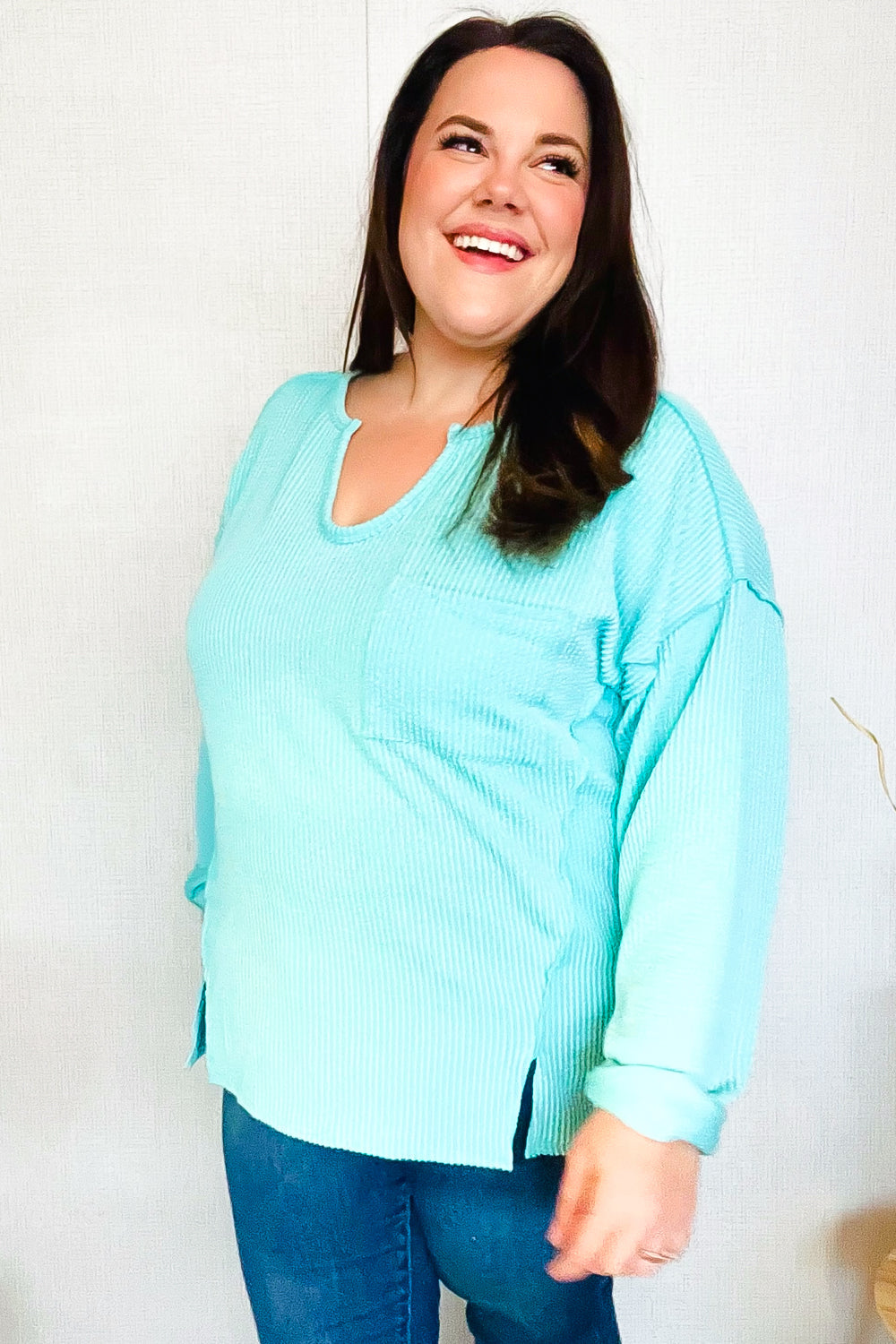 Eyes On You Seafoam Green Mineral Wash Ribbed Notch Neck Pocket T-Shirt | Casual Women's Top for Summer Outfits & Beach Wear