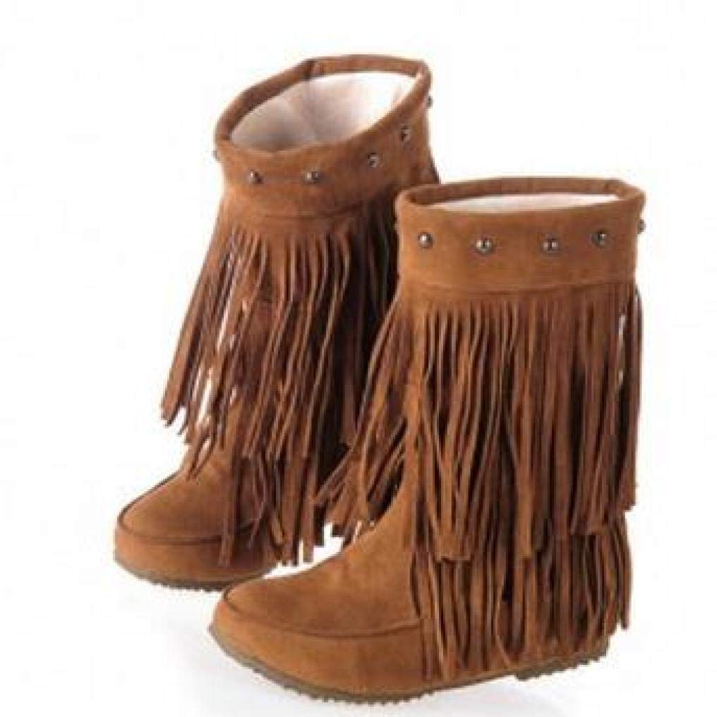 JOYBI Women's Fringe Studded Faux Suede Booties - Mid Calf Winter Boots with Tassels, Round Toe for Comfortable Casual Wear | Perfect for Office, Dating & Winter Outfits