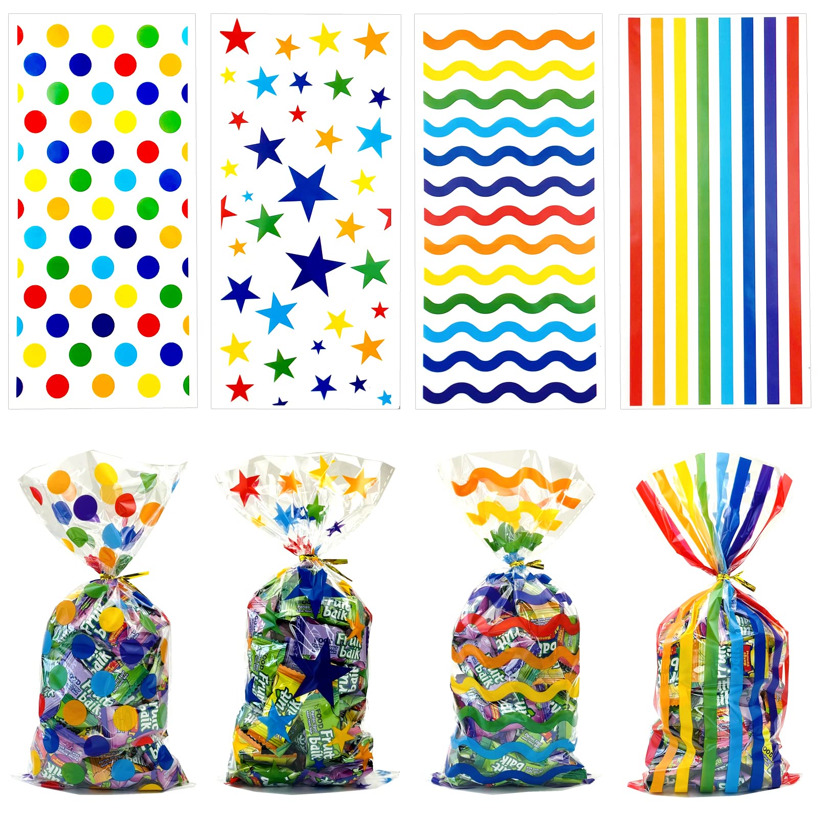 160-Piece Rainbow Cellophane Treat Bags with Ties - Colorful Candy Favor Bags for Pride Day, Kids School Lunches, Baby Showers & Birthday Parties - Perfect for Party Favors, Gift Wrapping & Holiday Treats