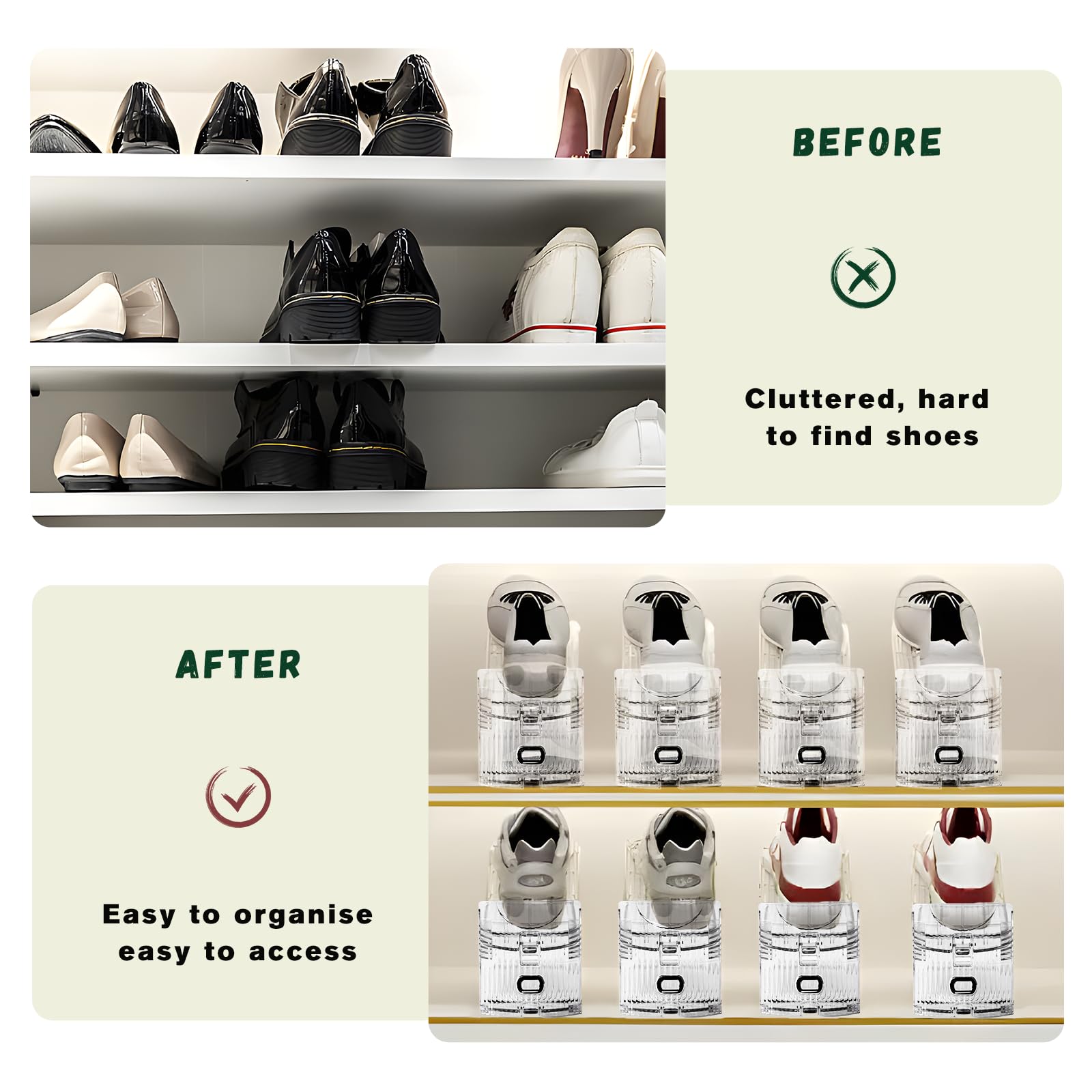 12-Pack Clear Shoe Stacker Organizer for Closet - Space Saving Shoe Rack & Storage Holder for Sneakers, Heels & Boots - Perfect for Small Closets, Dorm Rooms & Entryway Organization
