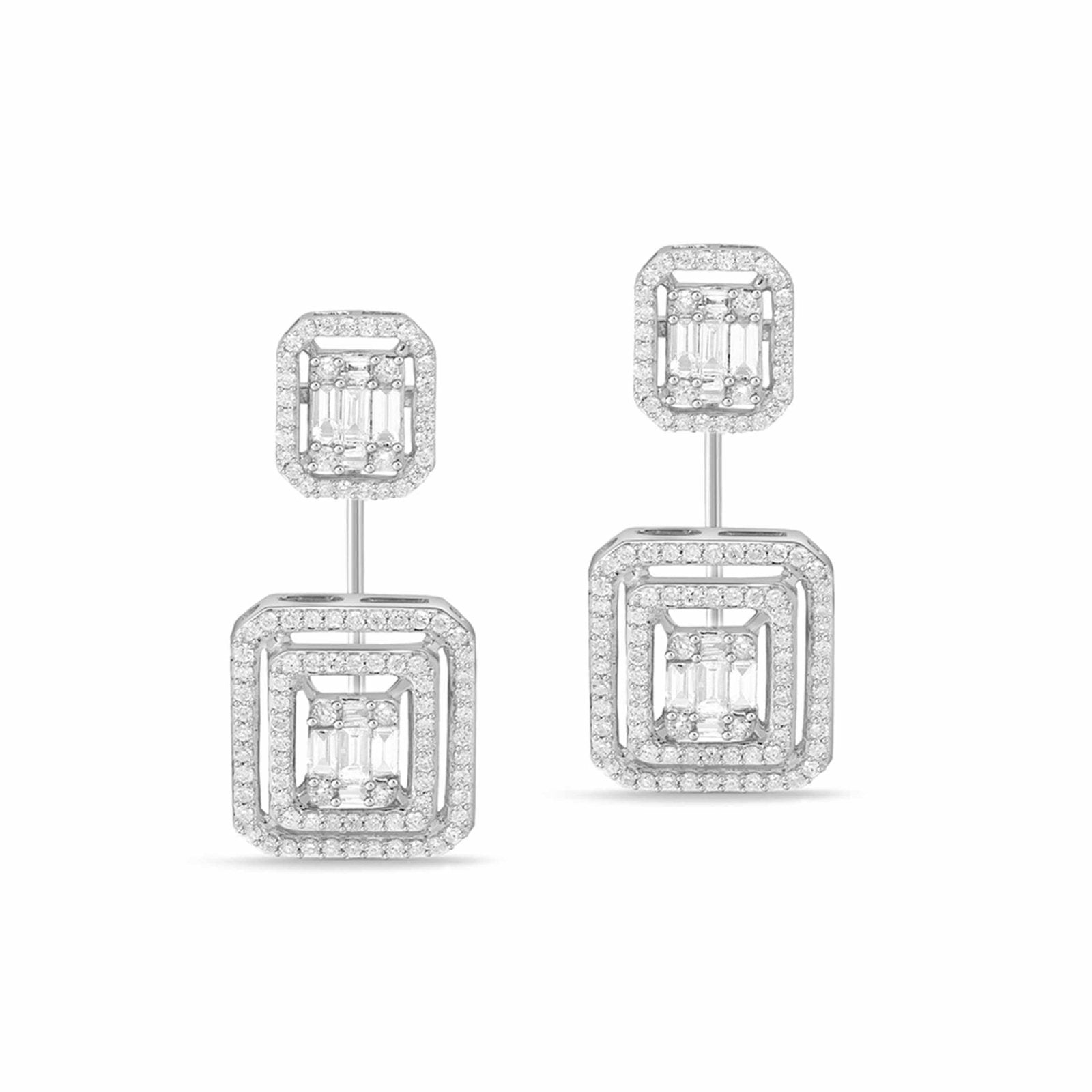 18K White Gold Double Baguette Diamond Hinged Dangle Earrings - Elegant Luxury Jewelry for Weddings, Parties & Special Occasions