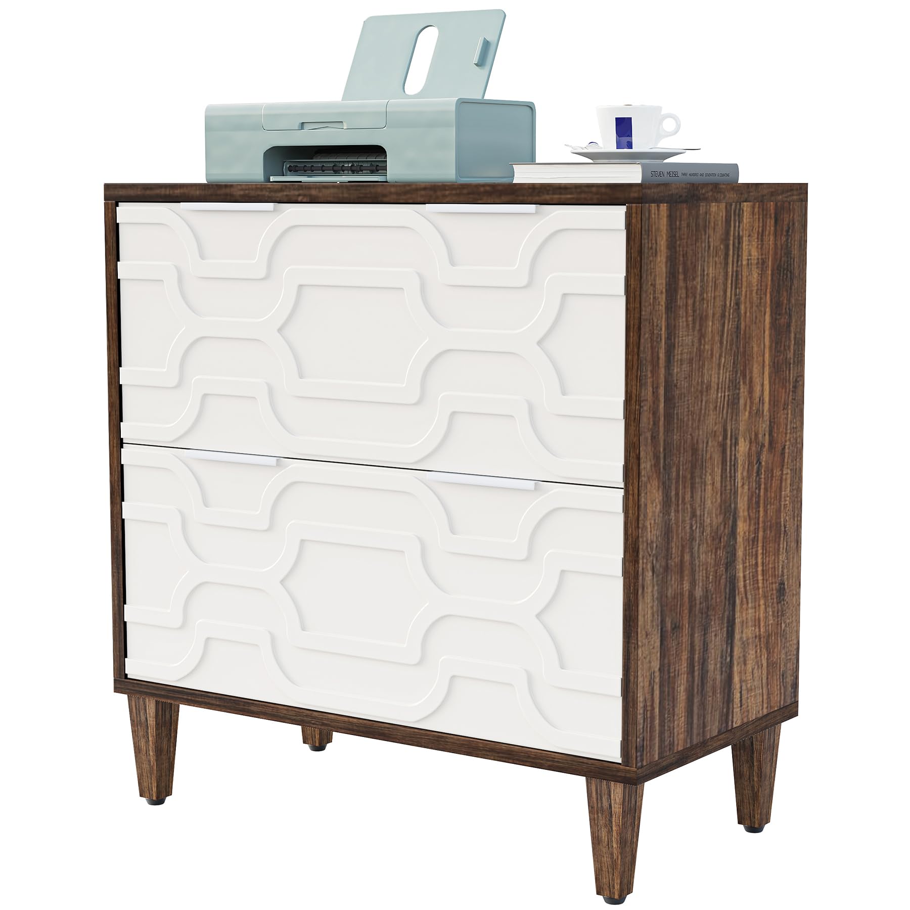 Tribesigns 2-Drawer Lateral File Cabinet for A4/Letter/Legal Size Documents - Office Storage Cabinet with Printer Stand, Home Office Organization Solution in Brown & White - Perfect for Paper Storage, Printer Organization & Workspace Decluttering