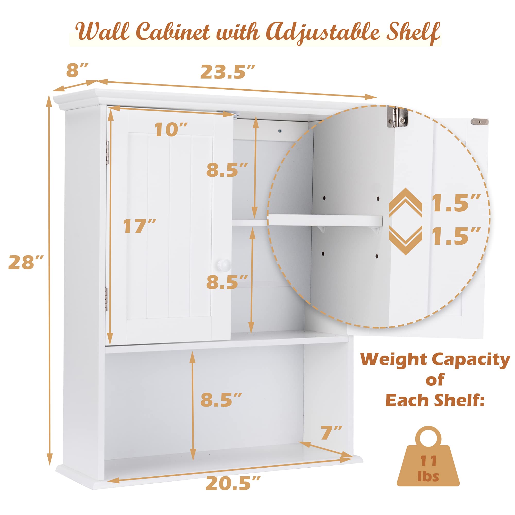 GLACER White Wall Mounted Storage Cabinet - Adjustable Shelf & Double Door Bathroom Medicine Cabinet for Bathroom, Living Room, Kitchen, Entryway - 23.5