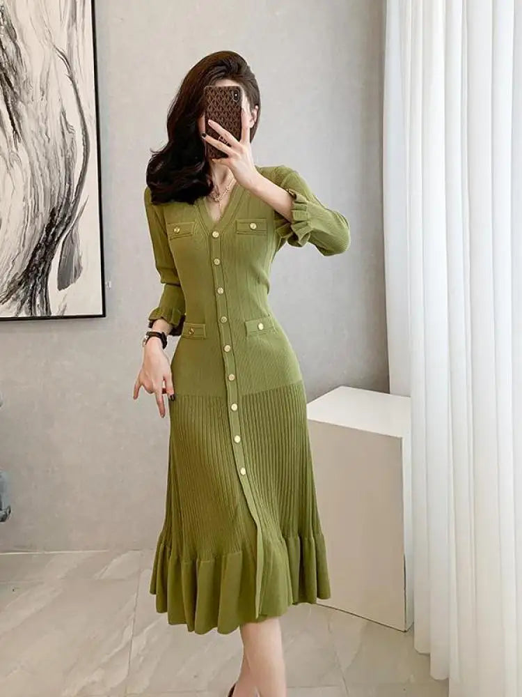 Elegant French Green V-Neck Ruffles Knitted Dress for Women - Slim Fit Long Sleeve Office Dress - 2024 New Fashion Chic - Perfect for Work, Parties & Fall Outfits