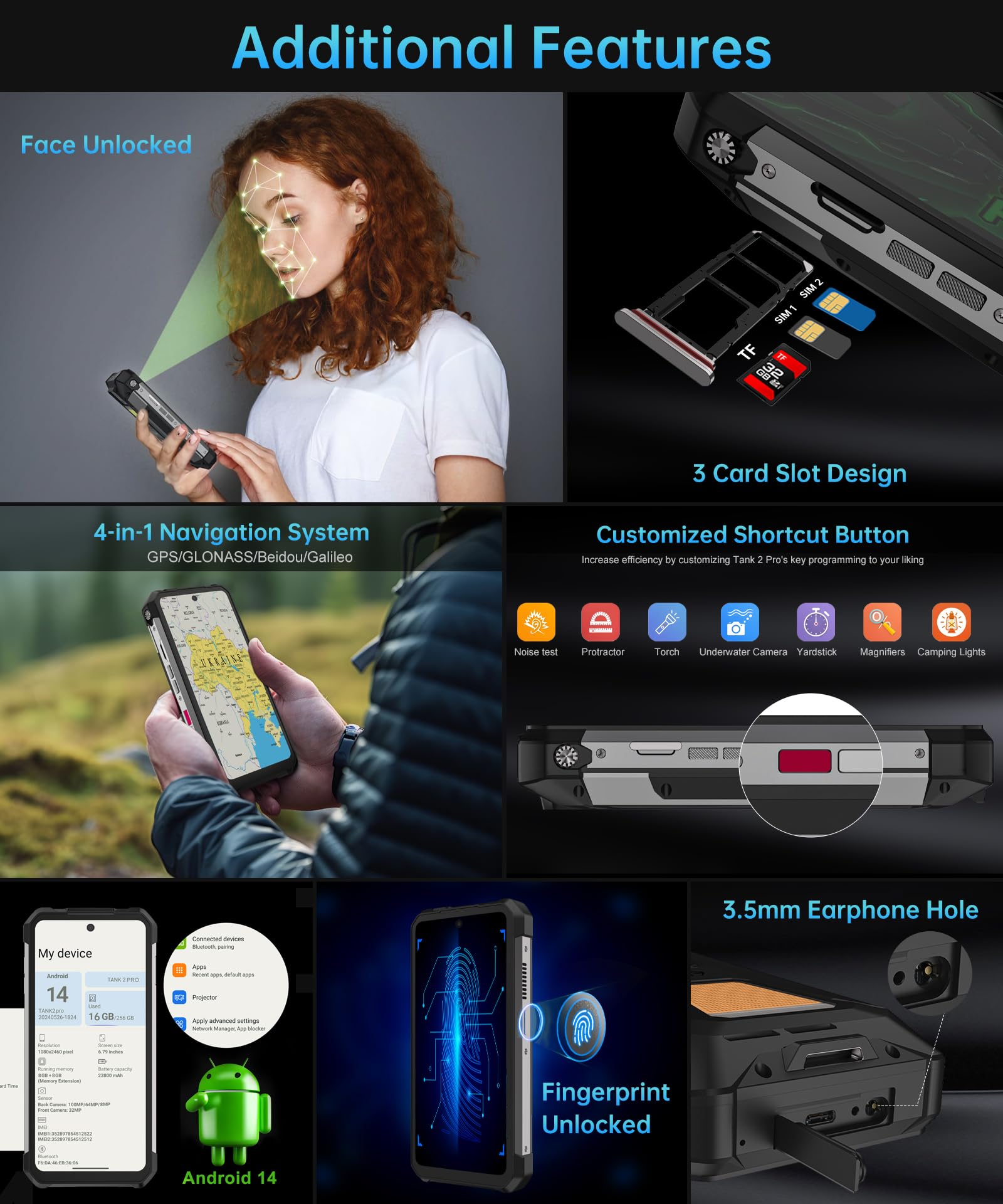 8849 Tank 2 Pro Rugged Smartphone - Android 14 Waterproof Outdoor Phone with Built-in Projector | 16GB RAM + 256GB ROM (Expandable to 1TB) | 6.79