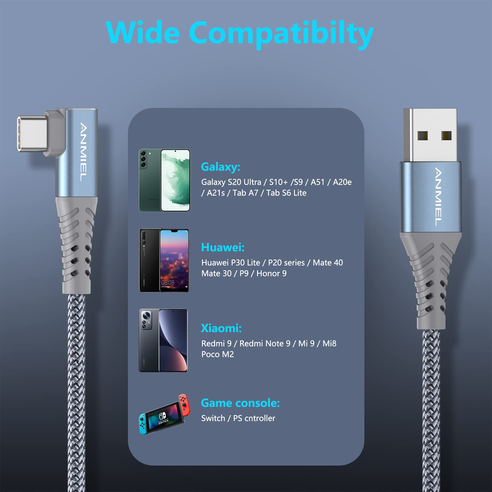 3M Right Angle USB A 2.0 to USB C Cable - Nylon Braided Fast Charging Cord for Samsung Galaxy S21/S20/S10/S9/S8, LG, Moto, Pixel & More - Durable Charger for Phones, Tablets & Cameras | Perfect for Home, Office & Travel Use