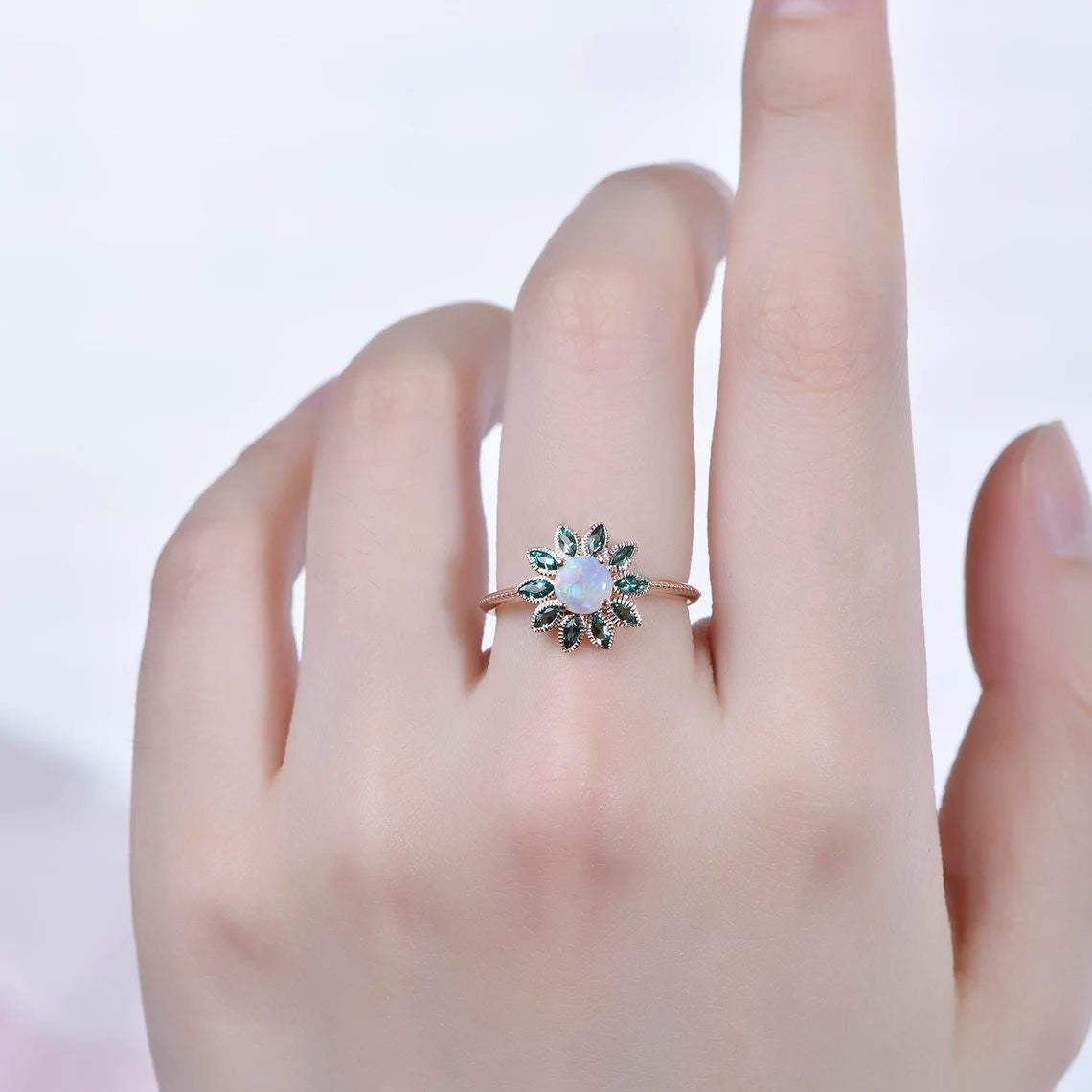 Australian Boulder Opal Flower Emerald Halo Engagement Ring - Nature Inspired Cluster Wedding Ring for Women, Perfect for Proposals, Anniversaries & Special Occasions
