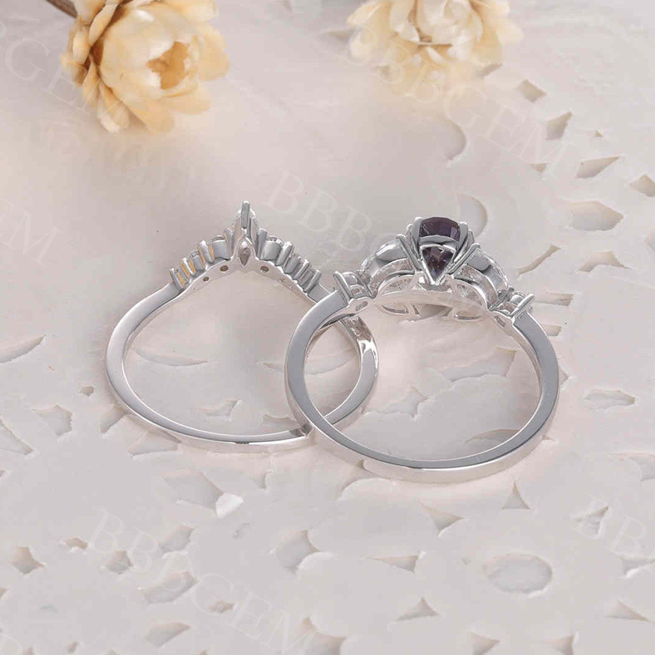 5x7mm Alexandrite & Moissanite Pave Chevron Engagement Ring Set - Vintage Inspired Bridal Jewelry for Wedding, Anniversary & Proposal (Rose Gold/White Gold)
