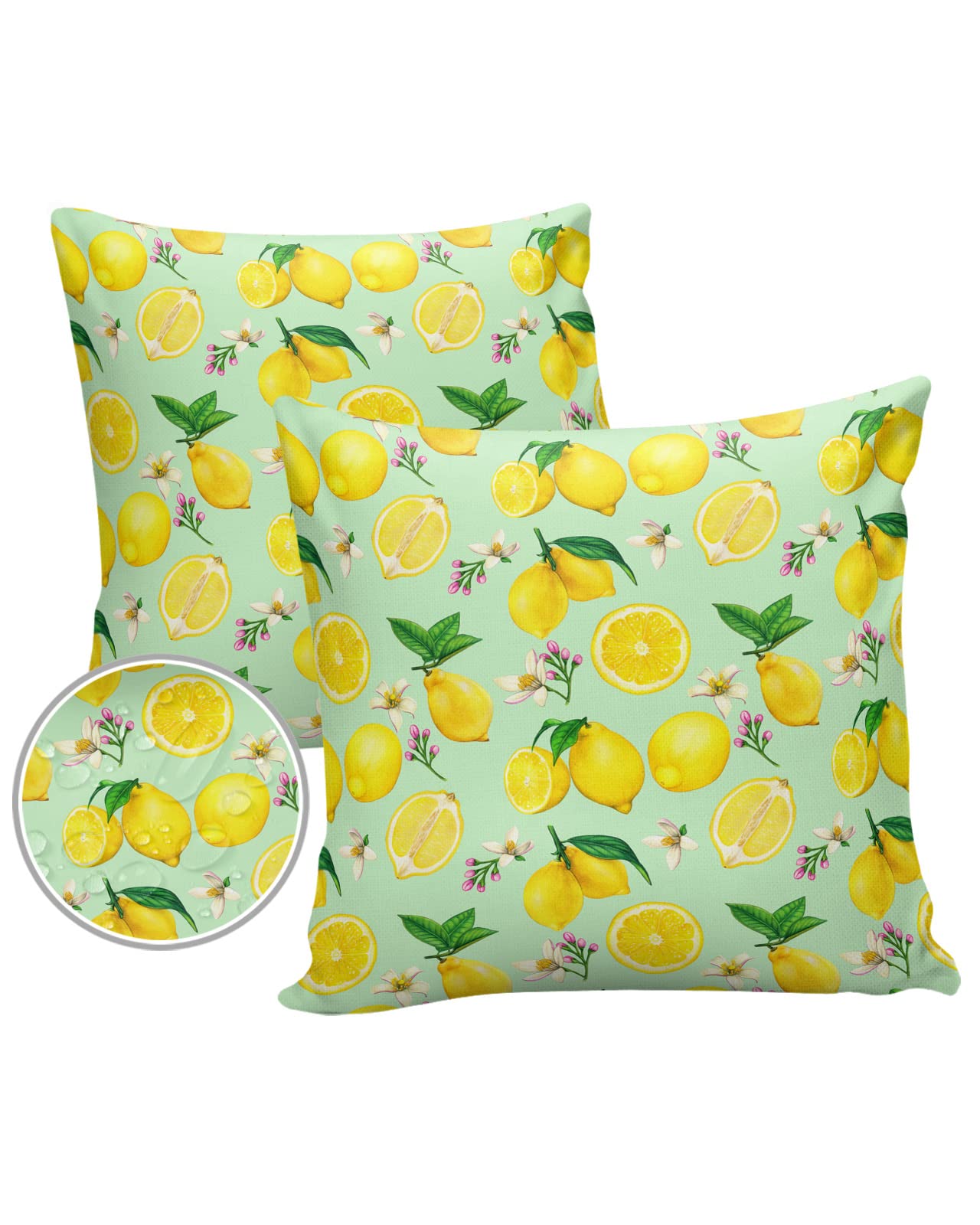 Waterproof Outdoor Throw Pillow Covers 18x18 Inch Set of 2 - Summer Lemon Bliss Design with Zipper, Decorative Cushion Covers for Patio Furniture, Spring Floral Lumbar Pillow Cases - Perfect for Garden, Porch, and Outdoor Lounge Decor