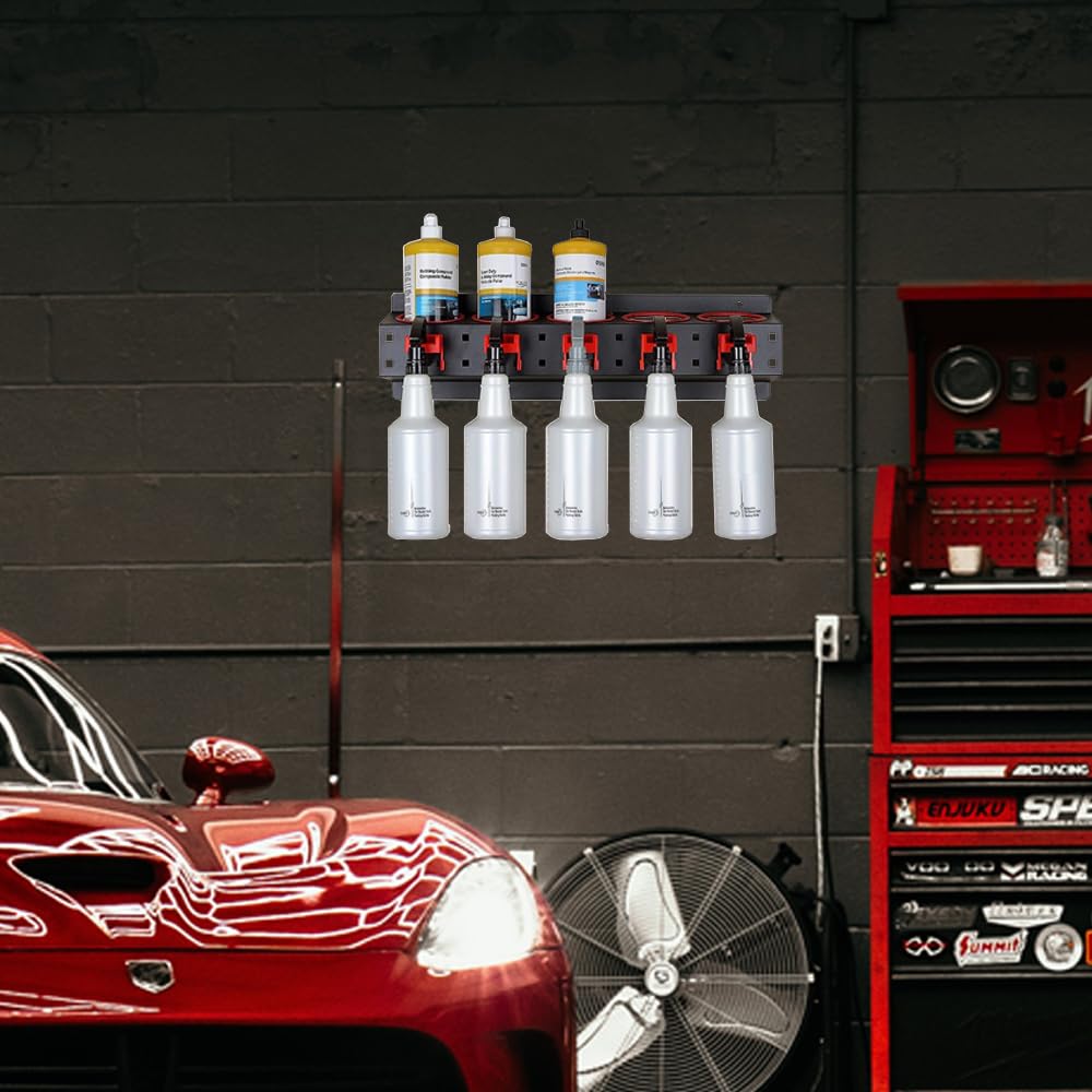 2 Pack Wall Mounted Spray Bottle Holder & Aerosol Can Organizer - Garage Storage Rack with Car Cleaning Brush Kit | Perfect for Car Detailing, Home Cleaning & Workshop Organization