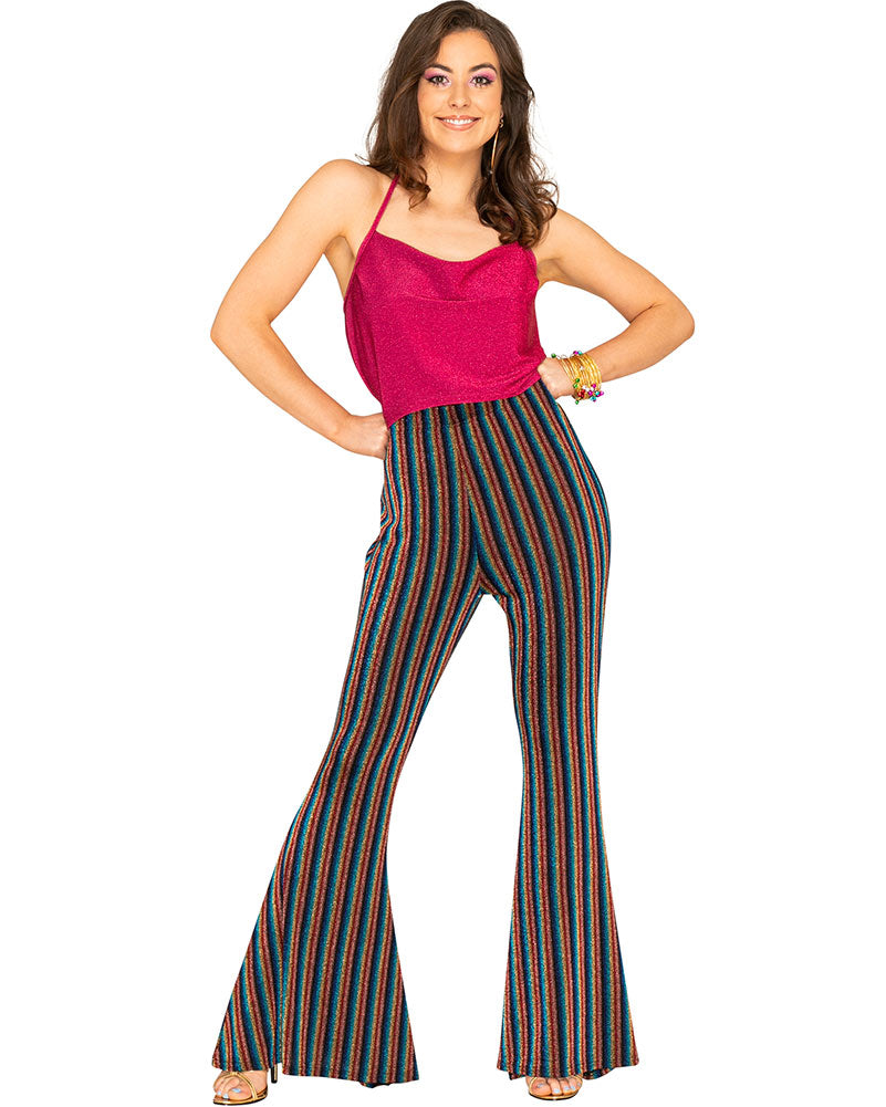 70s Rainbow Sparkle Disco Fever Women's Flare Pants - Retro High Waisted Bell Bottom Jeans for Dance Parties & 70s Theme Events