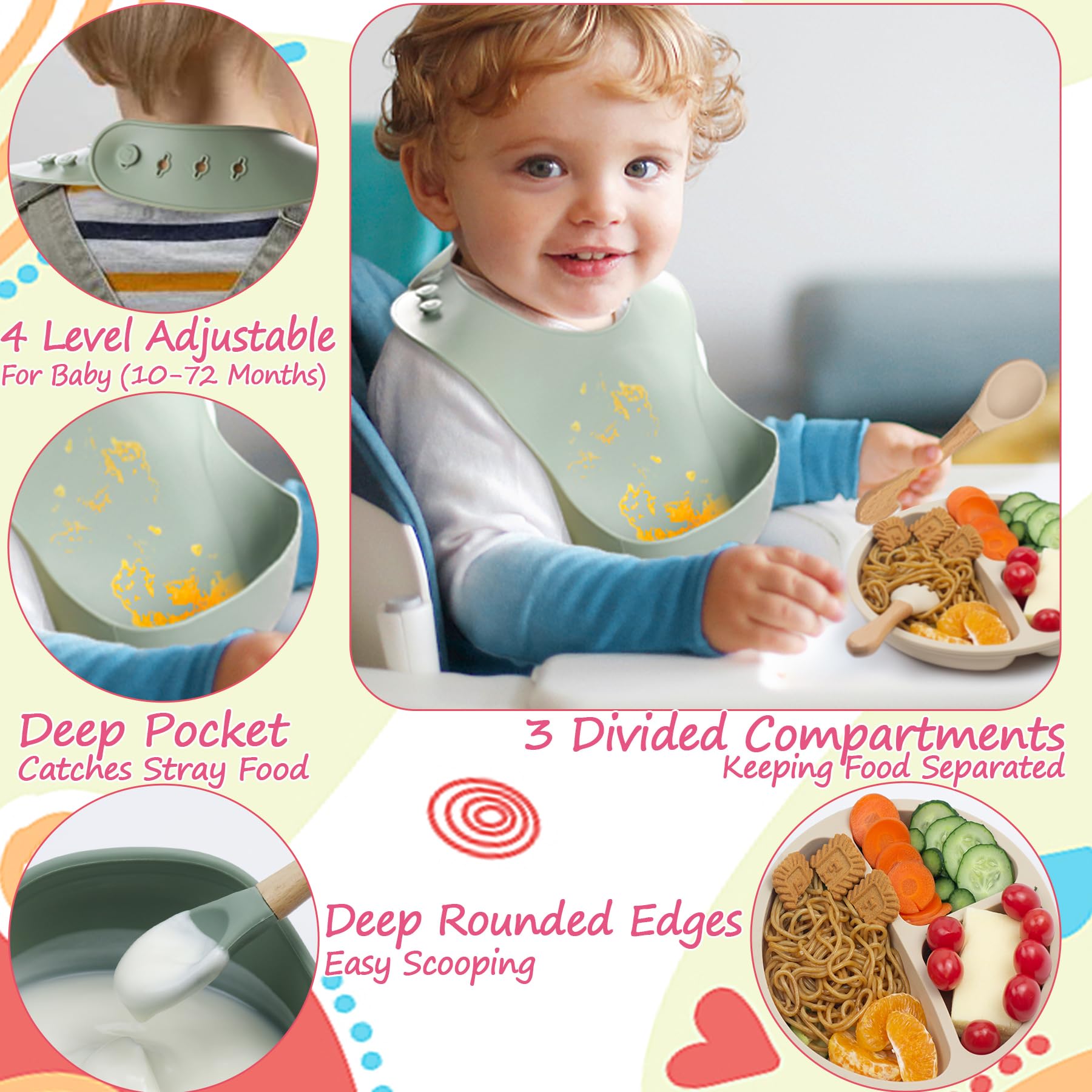 Organic Silicone Baby Feeding Set - 2 Pack BPA-Free Self-Feeding Kit with Suction Bowls, Plates, Bibs, Cups & Utensils for Toddlers | Baby Led Weaning Essentials | Perfect for Home, Travel & Daycare Use (Beige & Red)