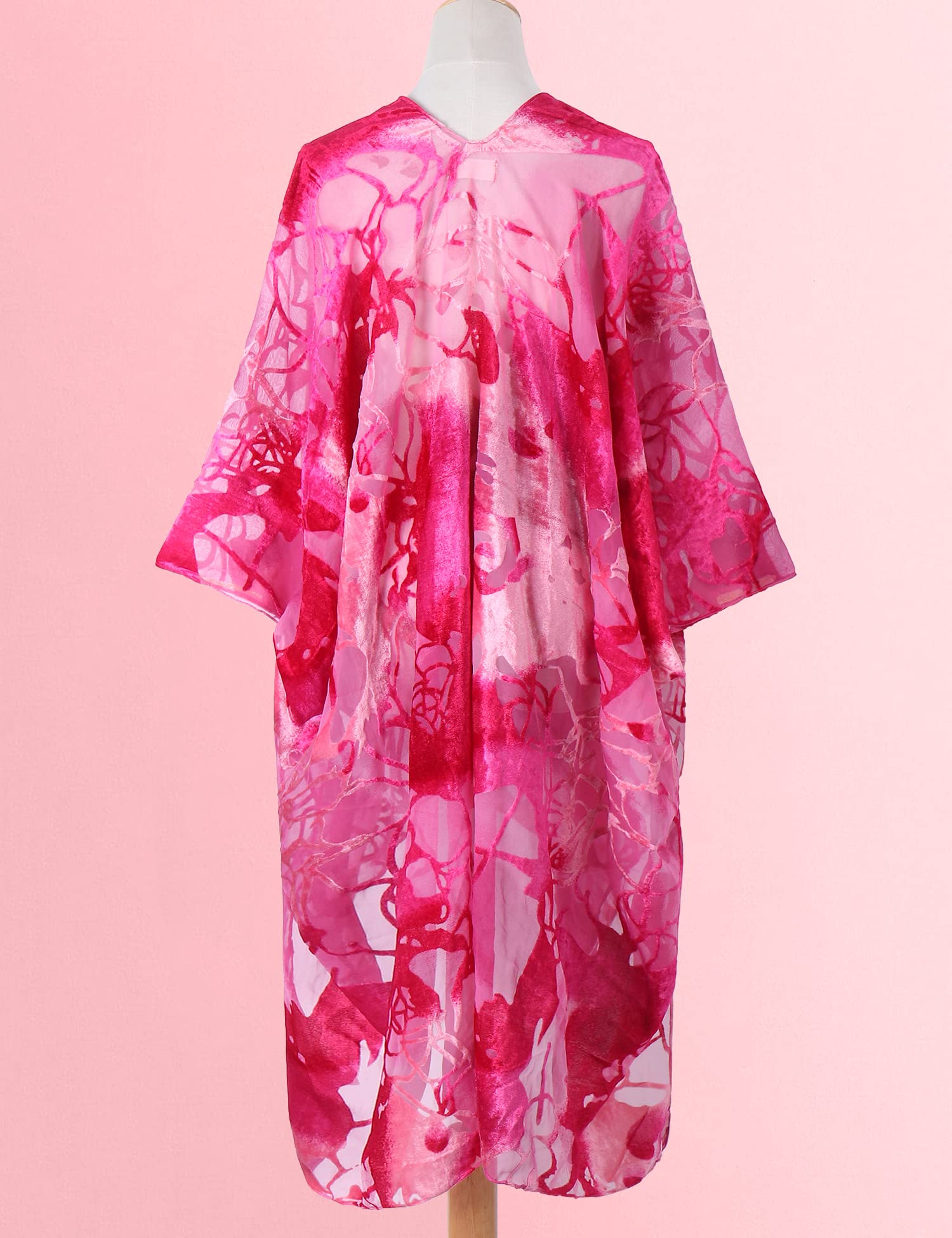 WeHello Women's Burnout Velvet Kimono Long Cardigan Cover Up - Soft Lightweight Open Front Duster Coat Without Tassel (Pink Floral Print) - Perfect for Beach Coverups, Loungewear, and Boho Outfits
