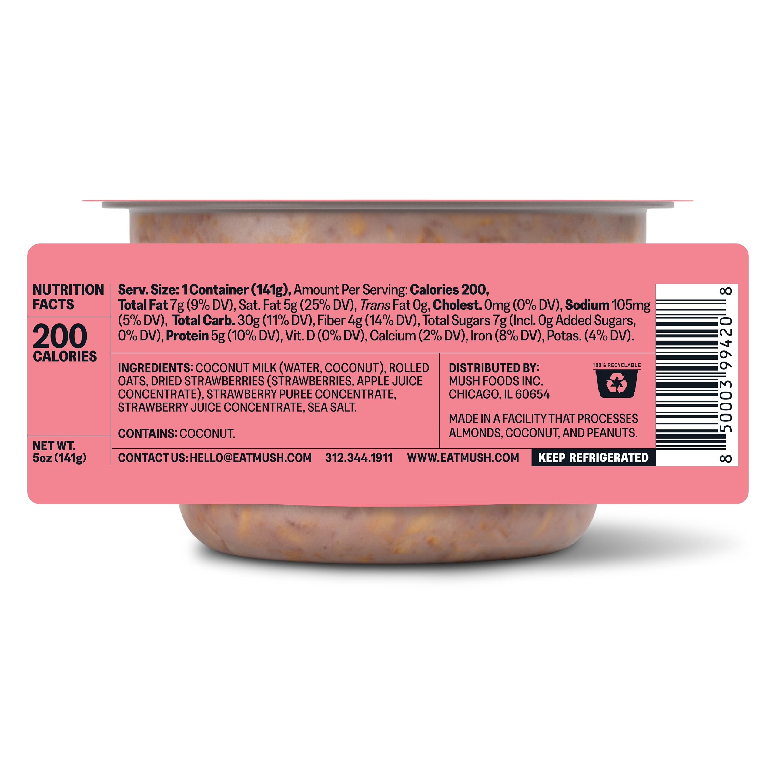 Organic MUSH Overnight Oats with Strawberries - 5 oz Pack | Gluten-Free, Vegan Breakfast | Quick & Healthy Meal Prep for Busy Mornings, Office Snacks, and Post-Workout Nutrition