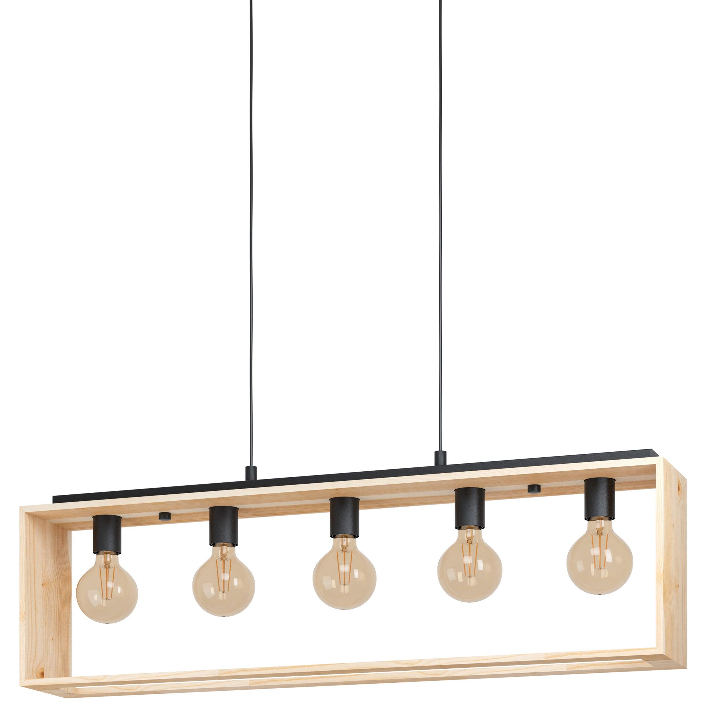 Eglo Famborough 5-Light Rectangular Wood and Metal Ceiling Pendant Light Fixture - Modern Farmhouse Dining Room Lighting for Kitchen Island, Entryway, or Living Room
