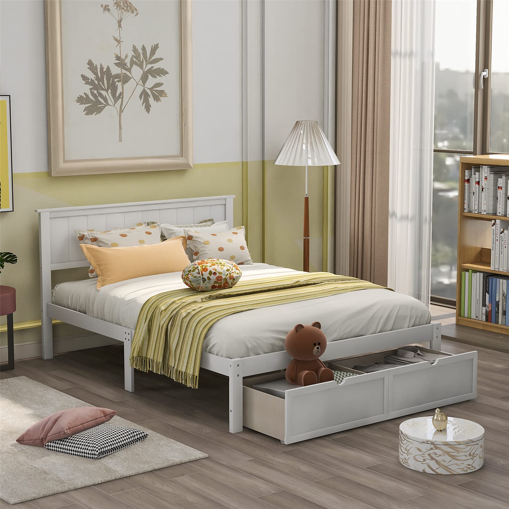 Harper & Bright Designs White Wooden Full Bed Frame with Storage Drawers & Headboard - Sturdy Platform Bed for Kids, Teens, and Adults - Perfect for Small Bedrooms, Guest Rooms & Dormitories