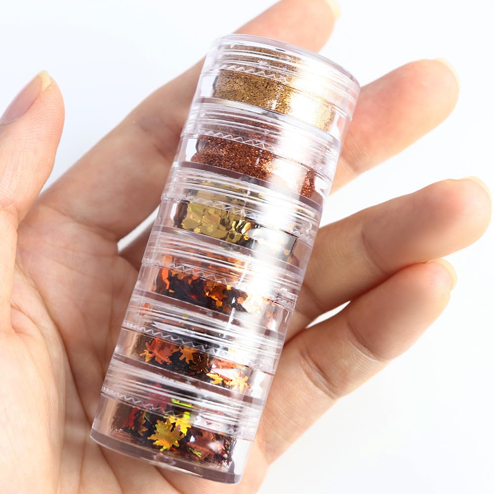 Fall Nail Art Kit - 6 Boxes 3D Gold Maple Leaf Nail Sequins with Glitter Powder in Gold, Yellow & Red | Autumn Leaves Nail Flakes for Acrylic Nails | Perfect for Thanksgiving, Halloween & Fall Nail Designs