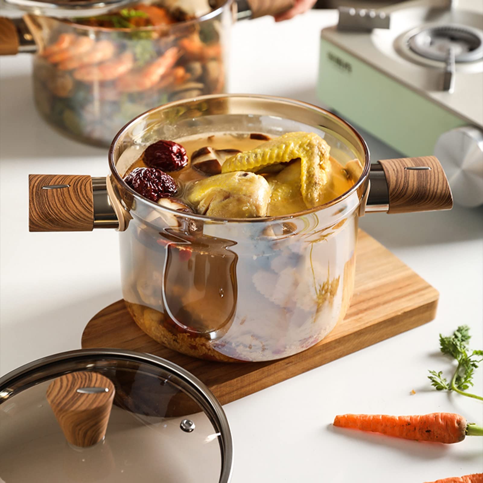 Premium Clear Amber Glass Cooking Pot - 3.5L Heat-Resistant Stockpot with Wood Handle for Soup, Stew, Noodles & Milk - Stovetop, Open Fire & Oven Safe - Perfect for Camping, Kitchen & Restaurant Use