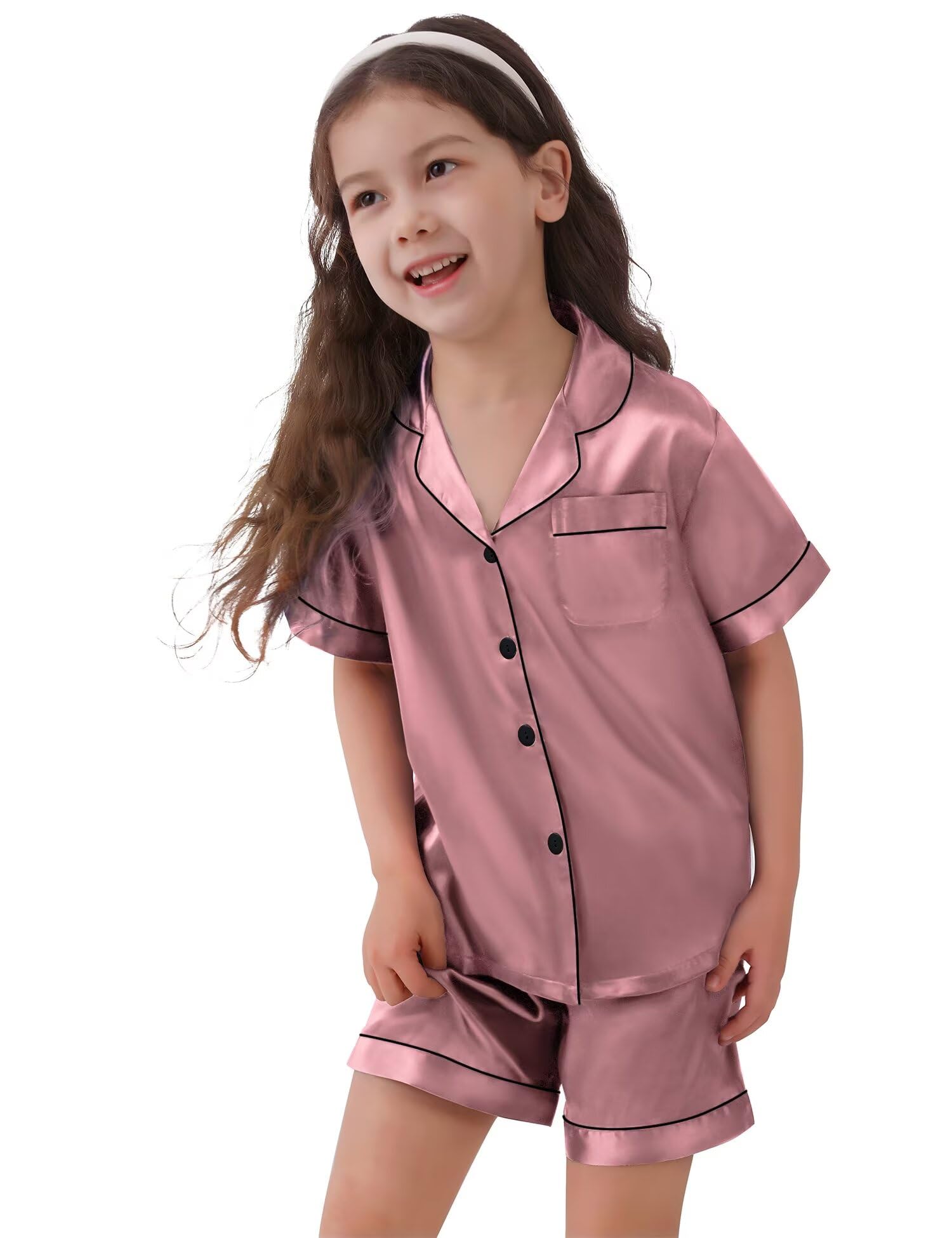 SWOMOG Kids Satin Pajama Set for Girls & Boys - Soft Button-Down Short Sleeve Silk Pjs, 2-Piece Comfortable Nightwear & Lounge Outfit - Perfect for Sleepovers, Bedtime & Relaxing at Home