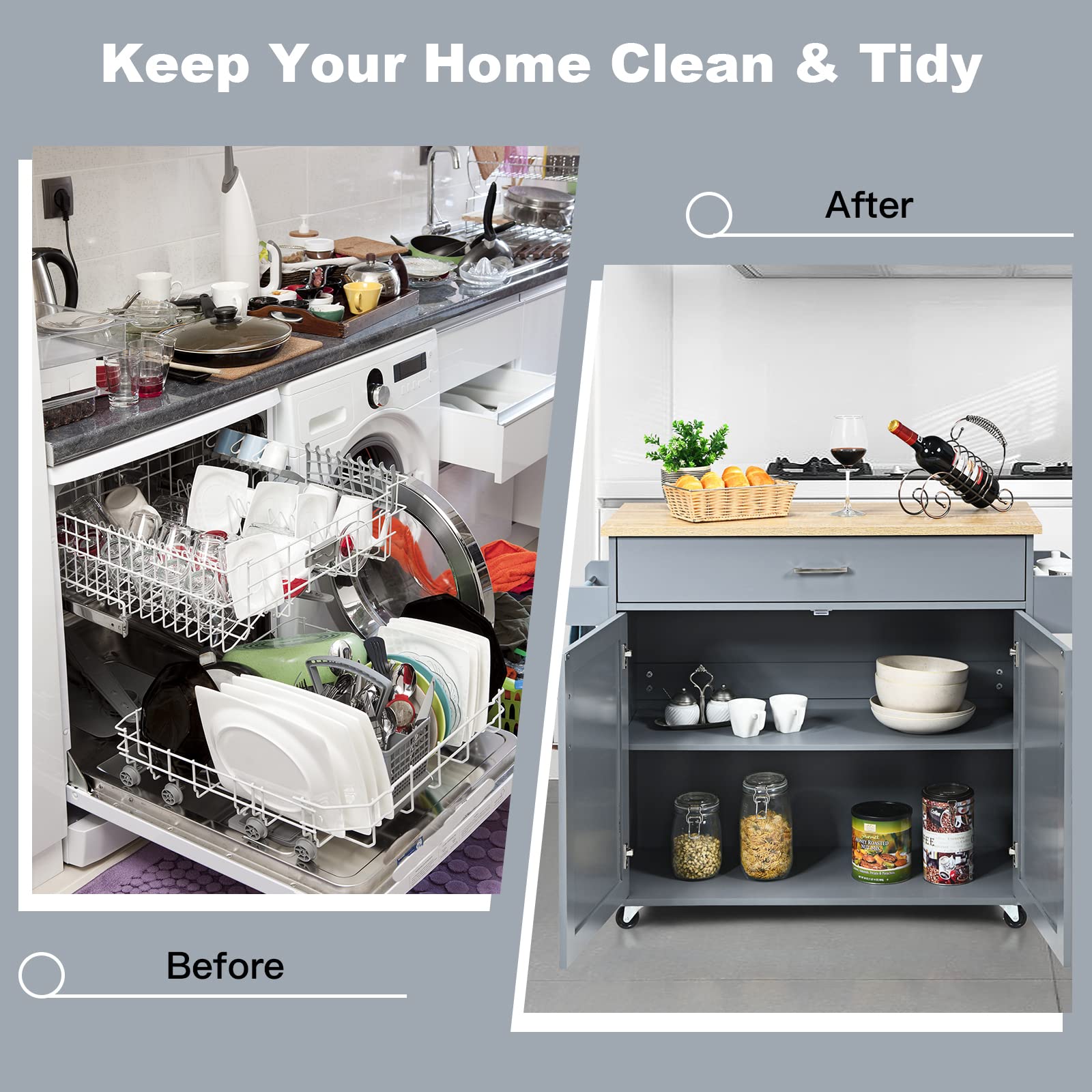 PETSITE Kitchen Island Cart with Storage Cabinet on Wheels - Mobile Kitchen Cart with Spice Rack, Towel Holder & Drawer - Grey Rolling Kitchen Island for Small Spaces, Apartments & Home Cooking