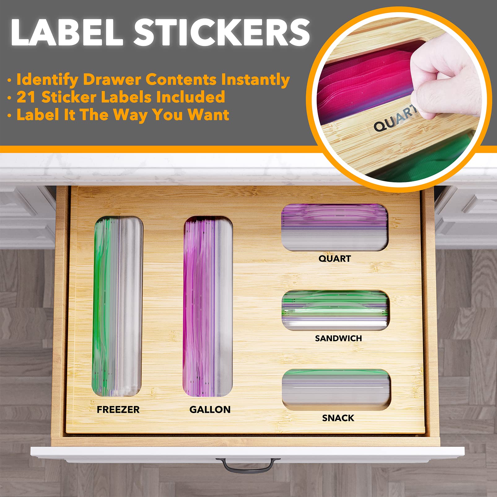 SpaceAid Bamboo Drawer Organizer for Kitchen - 5-Slot Storage Box for Gallon, Quart, Sandwich & Snack Bags | Perfect for Pantry Organization & Food Storage