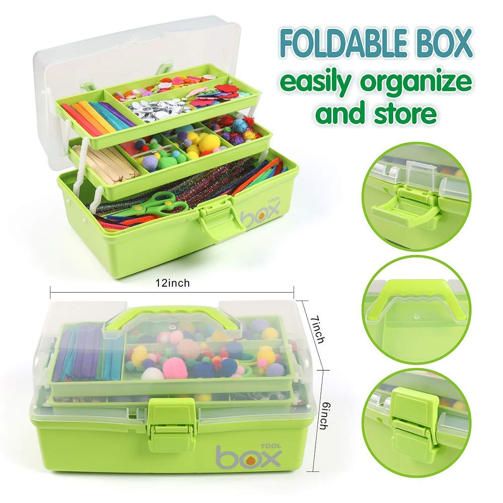 12in Three-Layer Multipurpose Storage Box - Foldable Organizer for Tools, Art Supplies, Sewing Kit, Medicine & First Aid with 2 Trays (Green) | Perfect for Home, Office, Craft Room & Emergency Preparedness