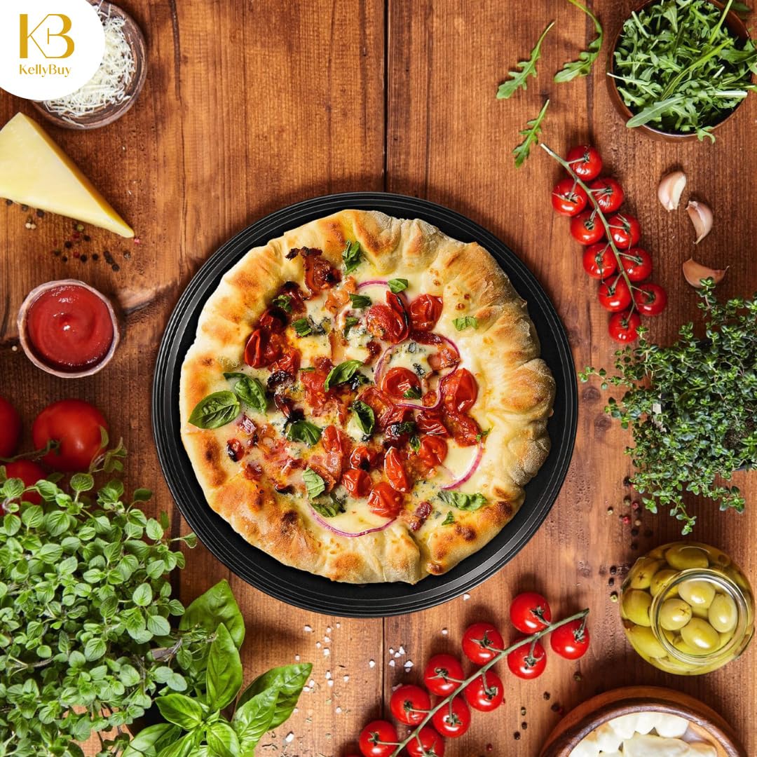 3-Pack Non-Stick Carbon Steel Pizza Pans with Holes - 12, 11 & 9 Inch Round Baking Pans for Oven - Perfect for Home, Restaurant & Commercial Use - Durable Black Coating for Even Heat Distribution