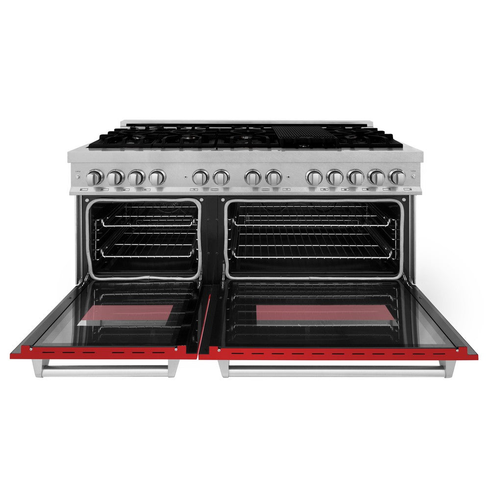 ZLINE 60-Inch 7.4 cu. ft. Dual Fuel Range with 9-Burner Gas Cooktop & 2 Electric Convection Ovens - Satin Stainless Steel with Red Matte Doors (RAS-RM-60) - Perfect for Professional Home Chefs & Modern Kitchens