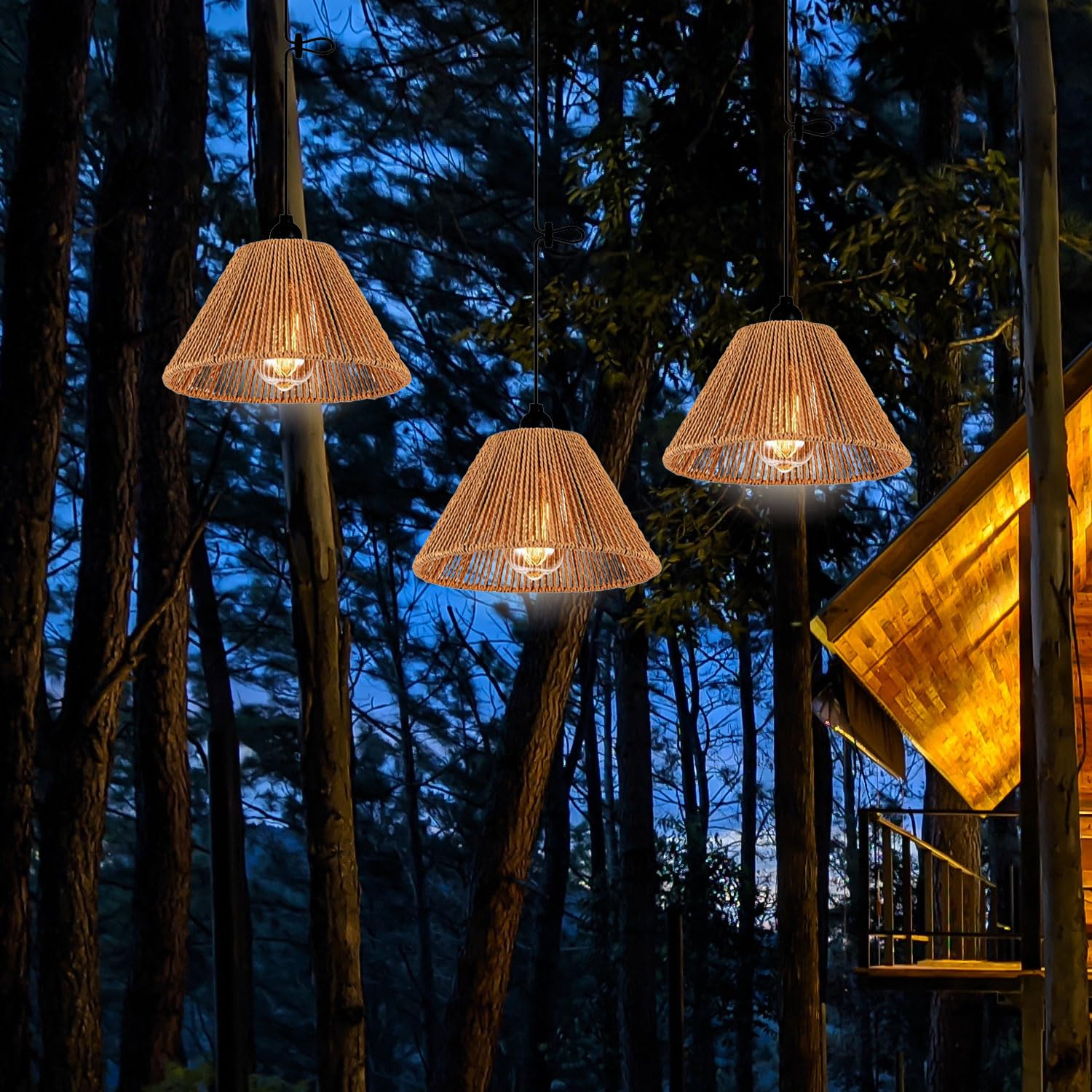 2X Battery Operated Pendant Light Outdoor Chandelier - LED Rattan Shade Hanging Lamp for Gazebo, Porch, Patio, Backyard, Bedroom & Kitchen Decor - Powered by 4 AA Batteries - Perfect for Romantic Dinners, Outdoor Entertaining & Cozy Ambiance