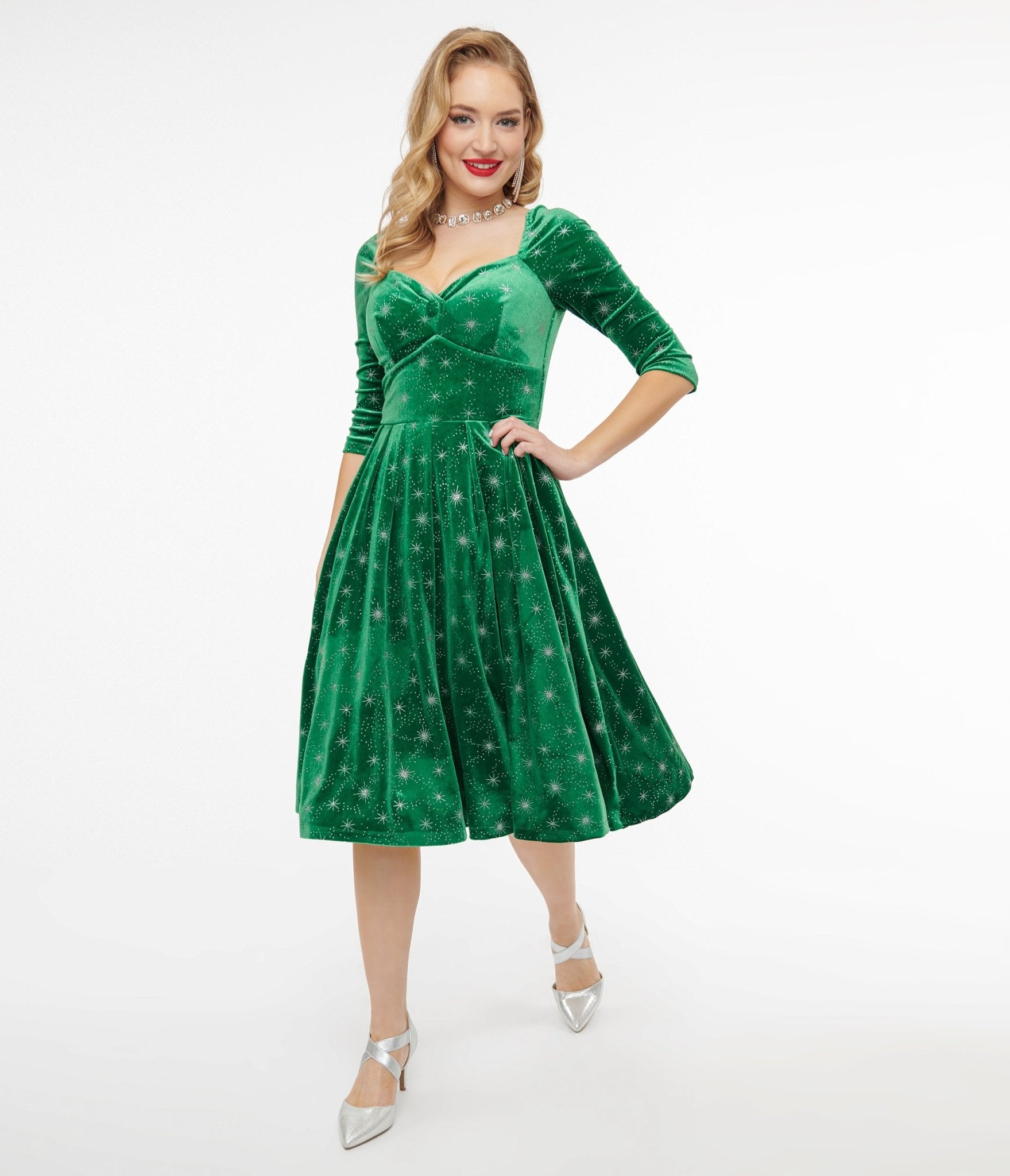 Vintage 1950s Green & Silver Snowflake Velvet Swing Dress - Retro Holiday Party Outfit for Christmas, New Year's Eve & Winter Formal Events