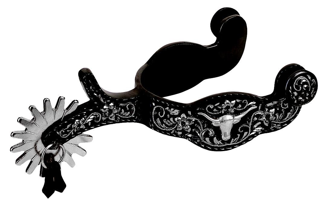 Premium Men's Show Spurs for Equestrian Riding - Engraved Floral Design with Longhorn Accent - Perfect for Western Horseback Riding, Rodeo & Cowboy Competitions