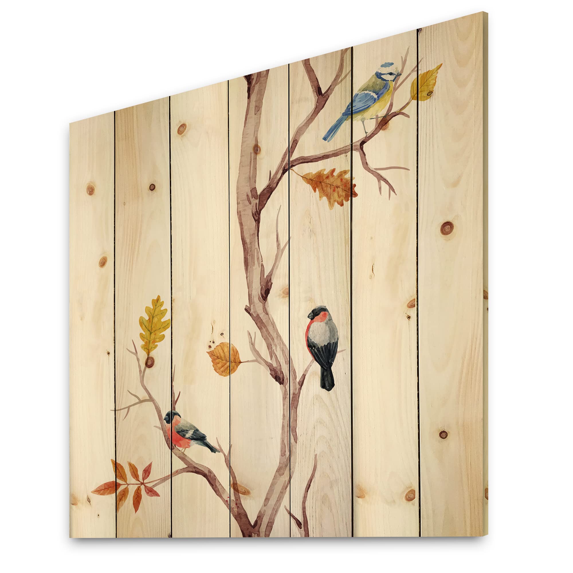 DesignQ Traditional Wood Wall Decor - Little Birds on Tree Branches IV, White Wood Wall Art, Large Animal Wood Panels Printed on Natural Pine - Perfect for Living Room, Bedroom & Office Decor