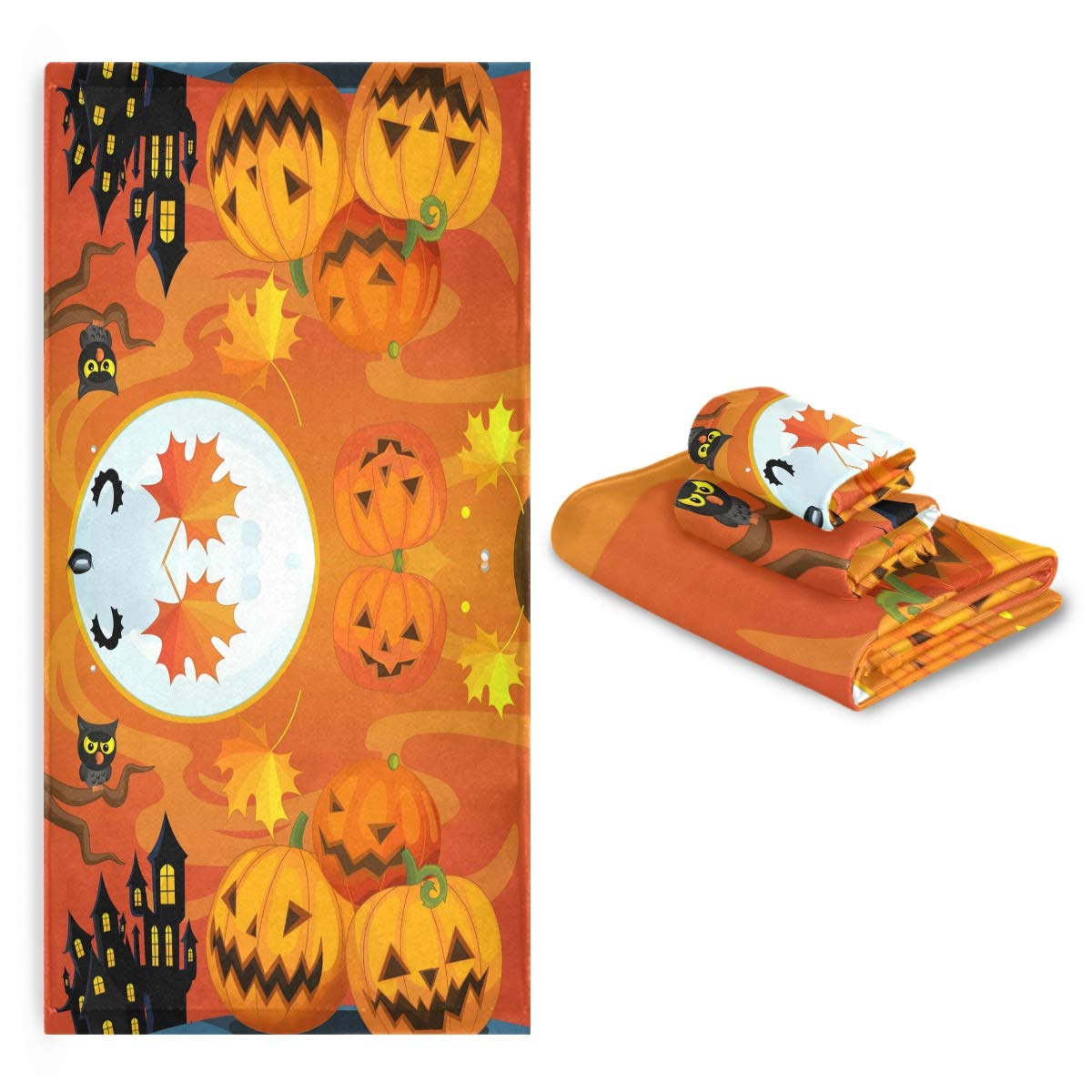 Halloween Pumpkin Leaf Owl Print Bathroom Towel Set - 3-Piece Decorative Towel Bundle (Bath Towel, Hand Towel & Washcloth) for Spooky Fall Bathroom Decor & Seasonal Home Styling