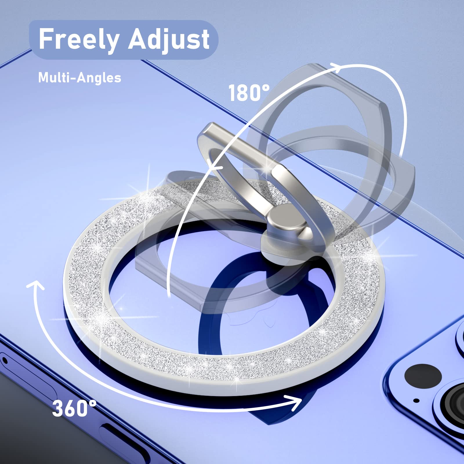 MindSky Magnetic Phone Ring Holder - Compatible with iPhone 15 14 13 12 & MagSafe Accessories | Adjustable 360° Finger Grip | Removable for Wireless Charging (Glitter White) | Perfect for Commuting, Gym & Daily Use