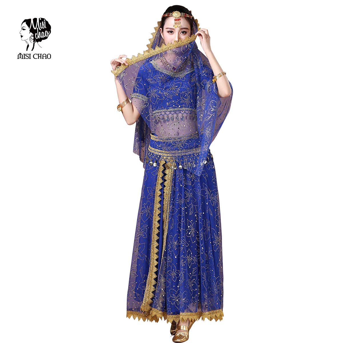 Elegant MISI CHAO Belly Dance Costume - Bollywood Chiffon Dress with Head Veil for Women | Perfect for Halloween, Dance Performances & Cultural Events
