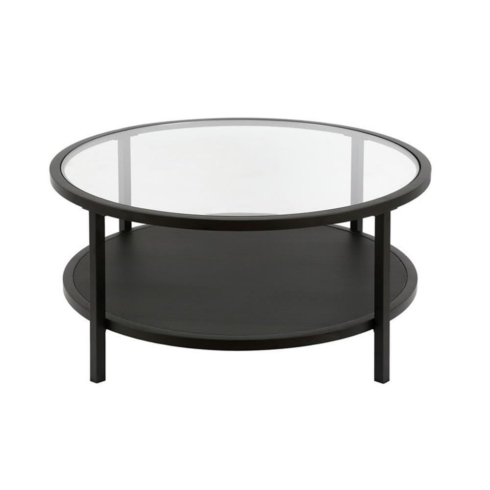 Black Metal Rectangular Mesh Shelf with Glass Top Coffee Table - Modern Living Room Furniture for Home Decor & Storage