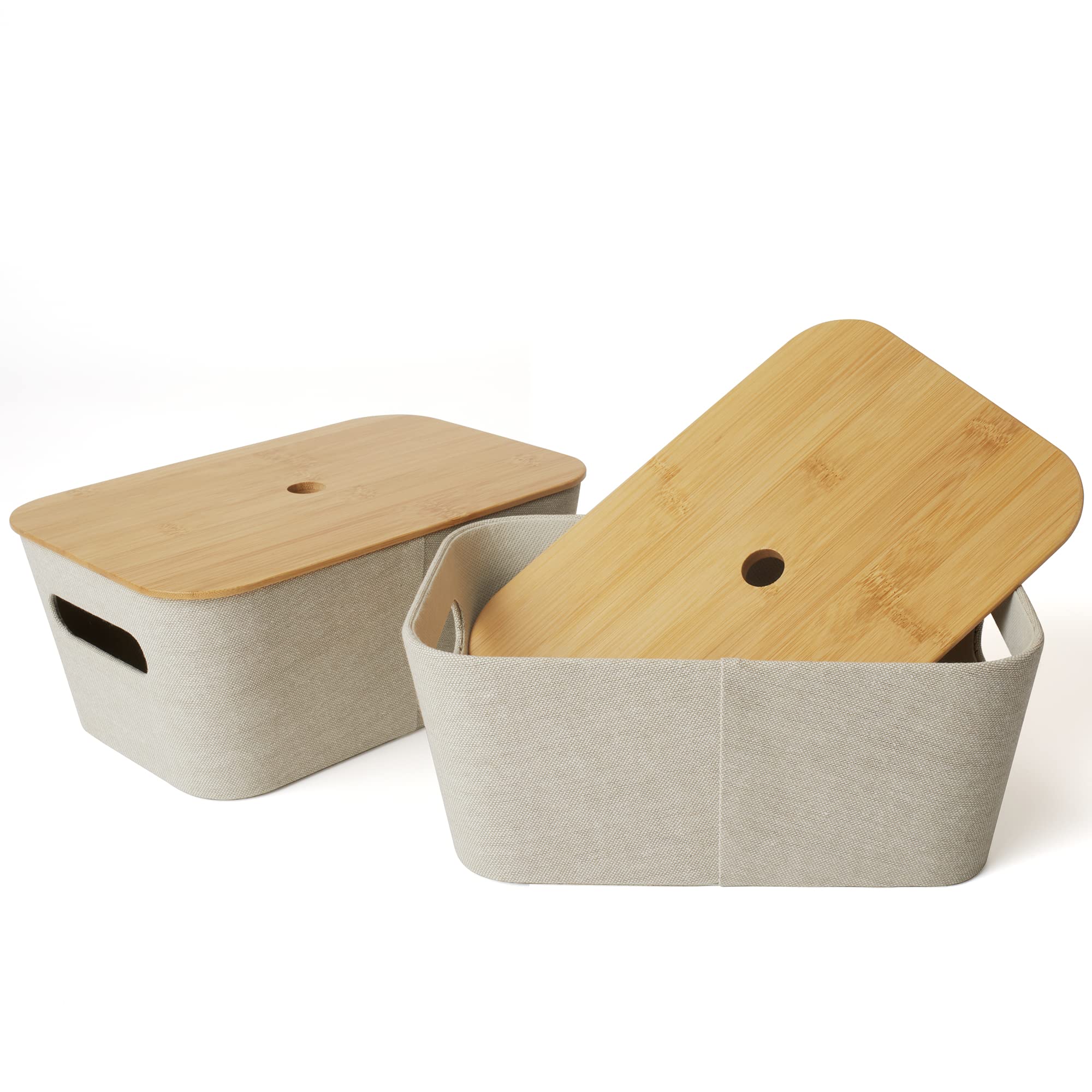 LA JOLIE MUSE Mid-Century Modern Storage Basket Set of 2 - Tweed Fabric Bins with Bamboo Lid for Home Organization, Shelf Cube, Closet, Bookcase & Cabinet - Multipurpose Organizer for Bedroom, Nursery, Office & Living Room - Beige