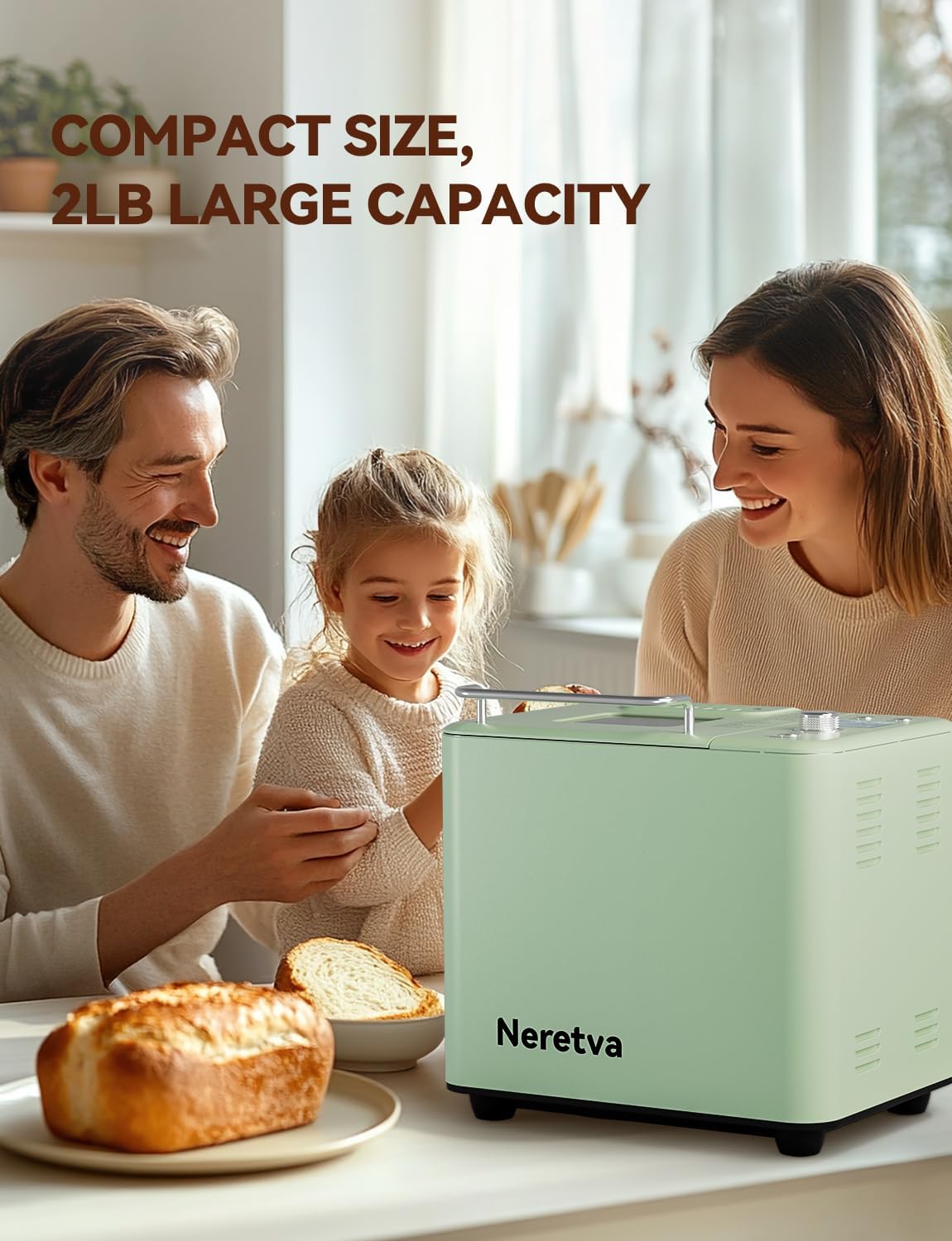 20-in-1 Multi-Function Bread Maker Machine with Dual Heater | 2LB Capacity All-Metal & Nonstick Ceramic Pan | Perfect for Gluten-Free Bread, Dough, Yogurt, Jam & Meat Floss | Compact Home Bakery Appliance for Small Kitchens (Light Green) | Ideal for Family Breakfast, Baking Enthusiasts & Healthy Eating
