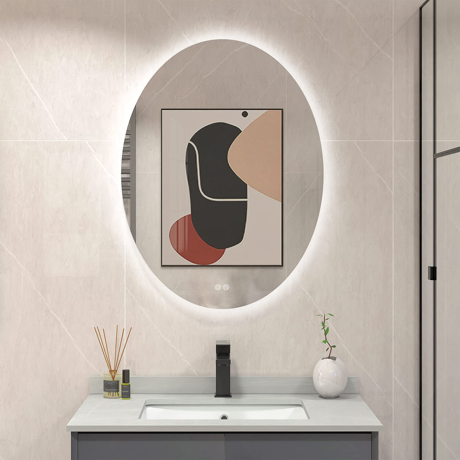 BuLife 28 x 20 Inch Smart LED Bathroom Mirror - Anti-Fog, Dimmable Backlit Vanity Mirror with Touch Switch & 3 Color Lights - Perfect for Makeup, Shaving & Home Decor