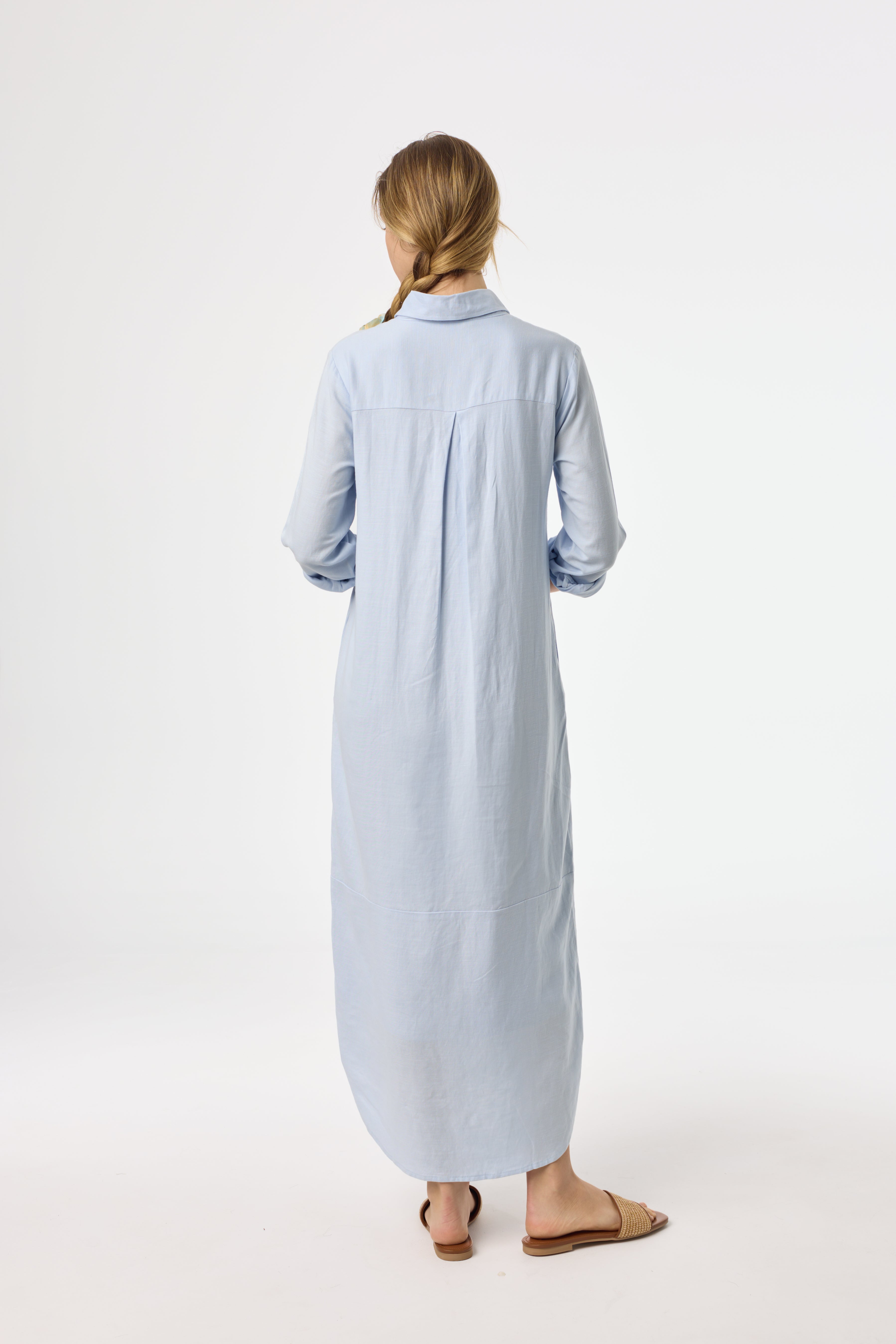 Blue Linen Maxi Shirt Dress for Women - Flowy Summer Beach Cover Up & Casual Boho Outfit